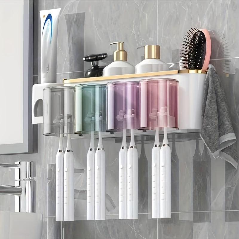 Wall-Mounted Toothbrush Holder with Gargle Cup No-Drill Bathroom Organizer Transparent