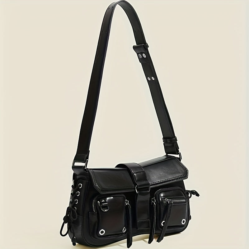 Qora punk uslubidagi ayollar uchun ko'p cho'ntakli va sozlanadigan kamarli sumka - tasodifiy yoki ko'chada kiyish uchun mo'ljallangan, sayohat uchun ideal.
