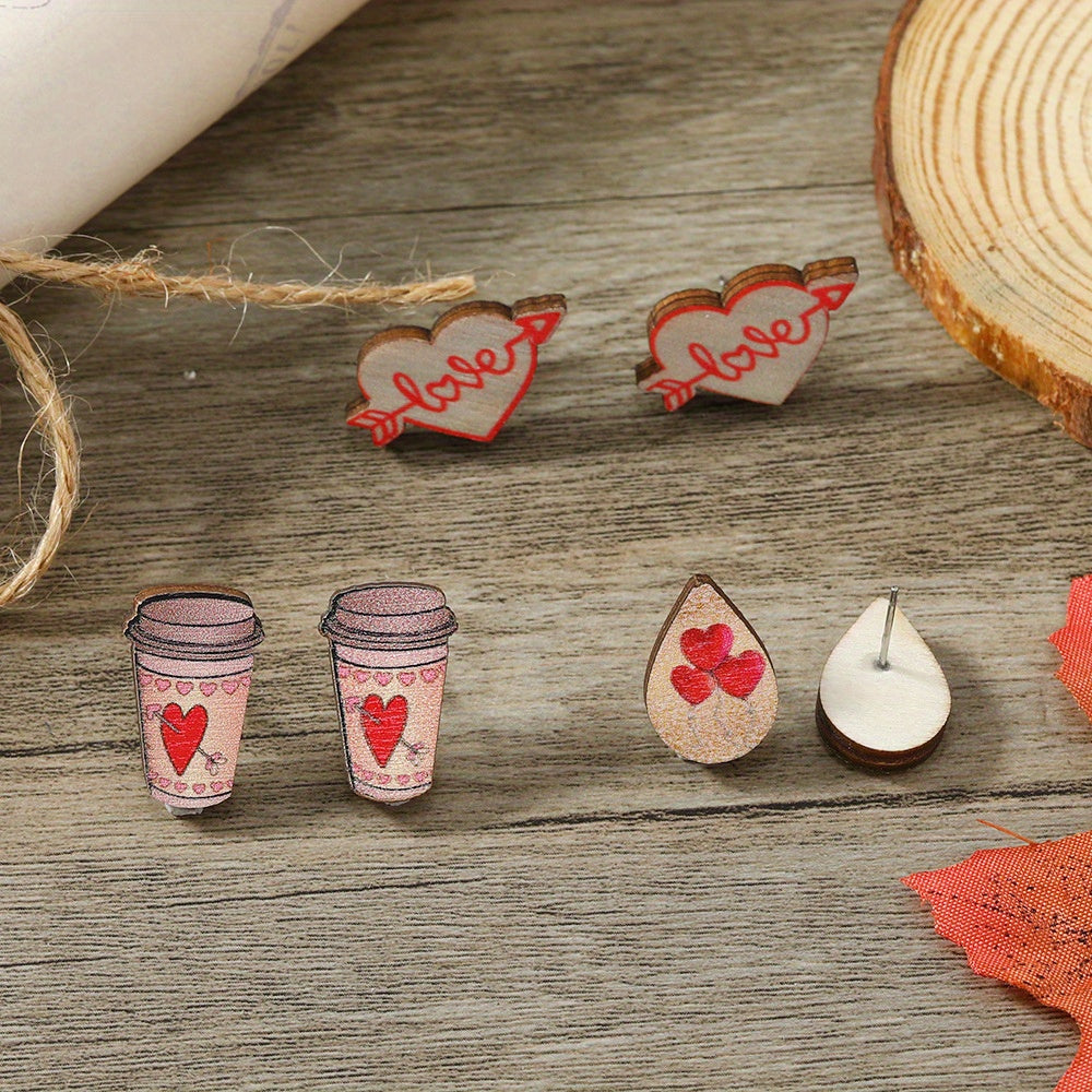 Women's Wooden Earrings Set with Valentine's Day Love and Cupid Designs