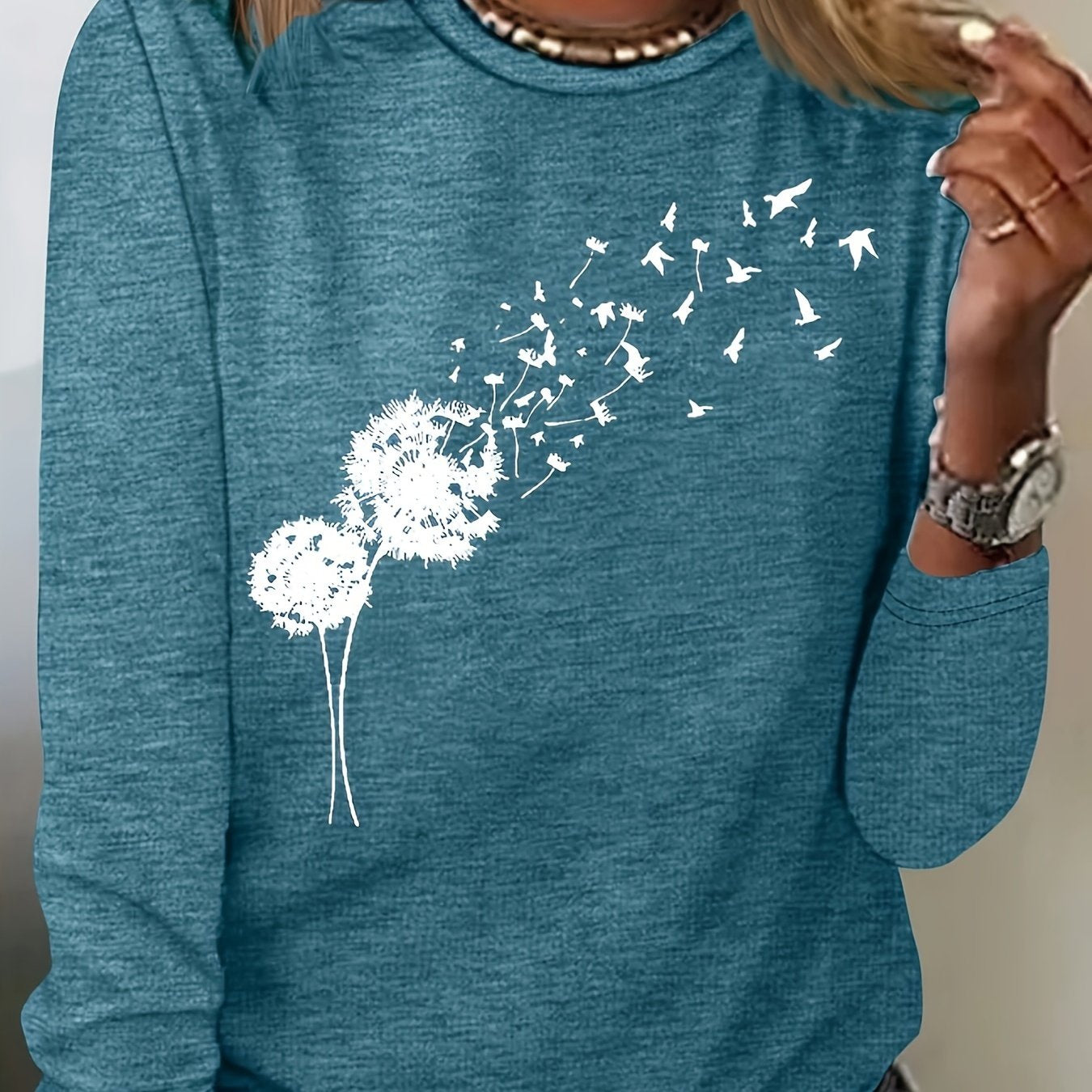 Plus Size Long Sleeve Crew Neck T-Shirt Polyester Knit Geometric Dandelion Bird Pattern