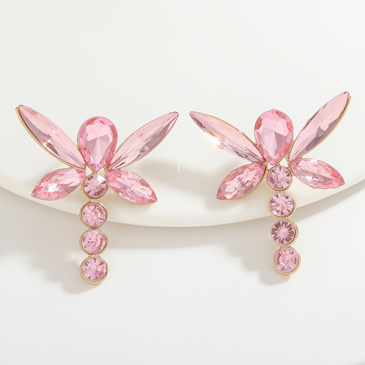 Pink Heart Crystal Winged Drop Earrings for Weddings and Parties