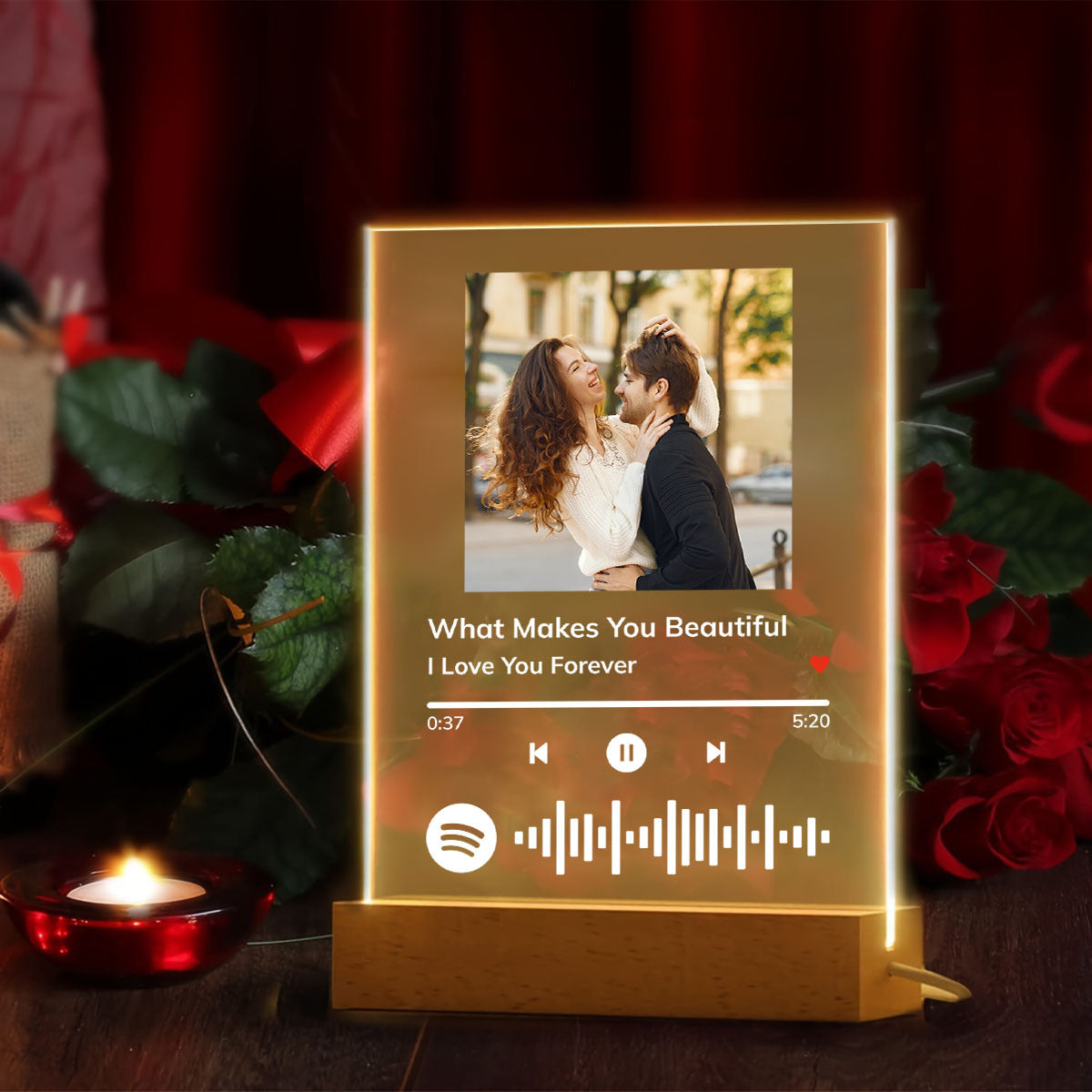 Custom Acrylic Night Light with Photo and Song Frame on USB-Powered Wooden Base