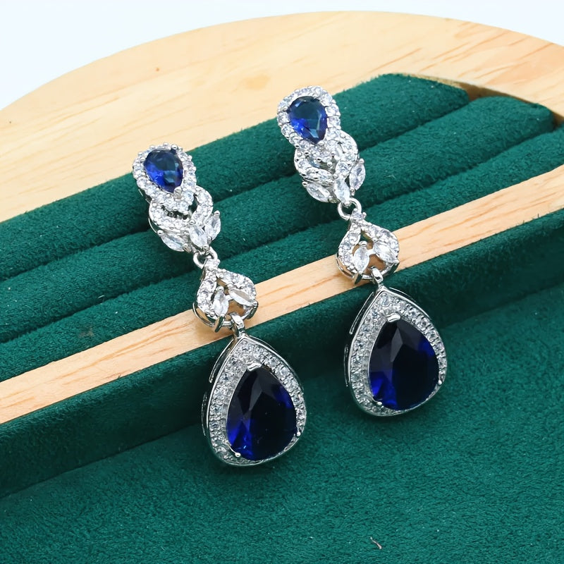 Медный ювелирный набор с синтетическими голубыми драгоценными камнями, платиновое покрытие, ожерелье, кольцо, серьги, браслет, 5 предметов