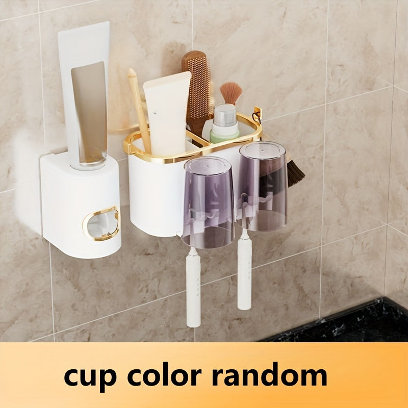 RV Wall-Mounted Bathroom Organizer Set with Automatic Toothpaste Dispenser and Multi-Color Cups