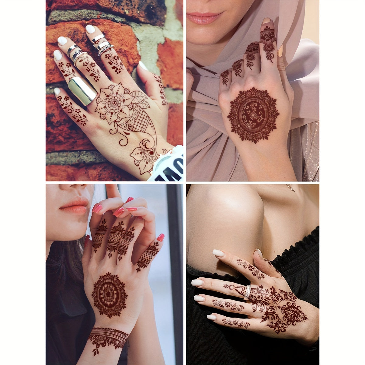 4-Pack Red Henna Lace Floral Pattern Temporary Tattoos for Hand and Body