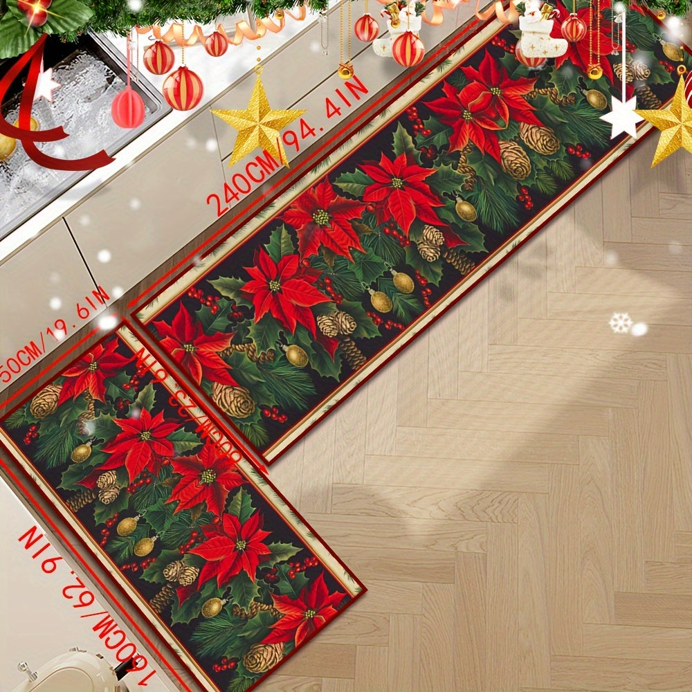 Plush Velvet Area Rug with Christmas Leaf Pattern Non-Slip Stain-Resistant 6mm Thick