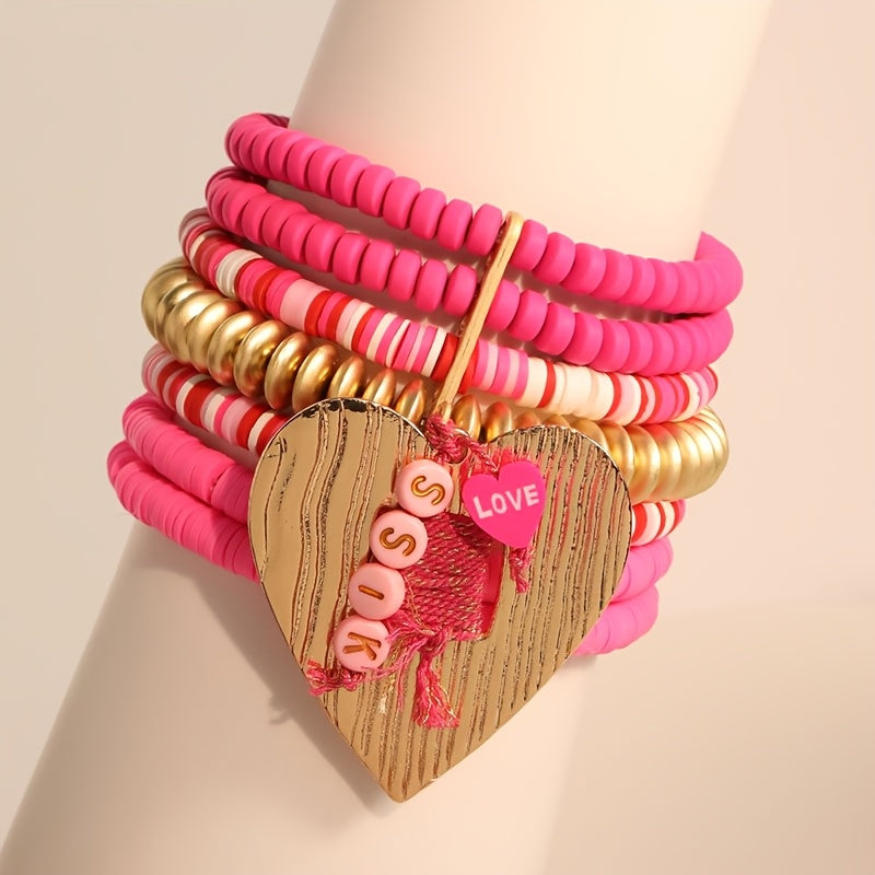 Pink Resin Beaded Heart Pendant Bracelet Bohemian Style for Women