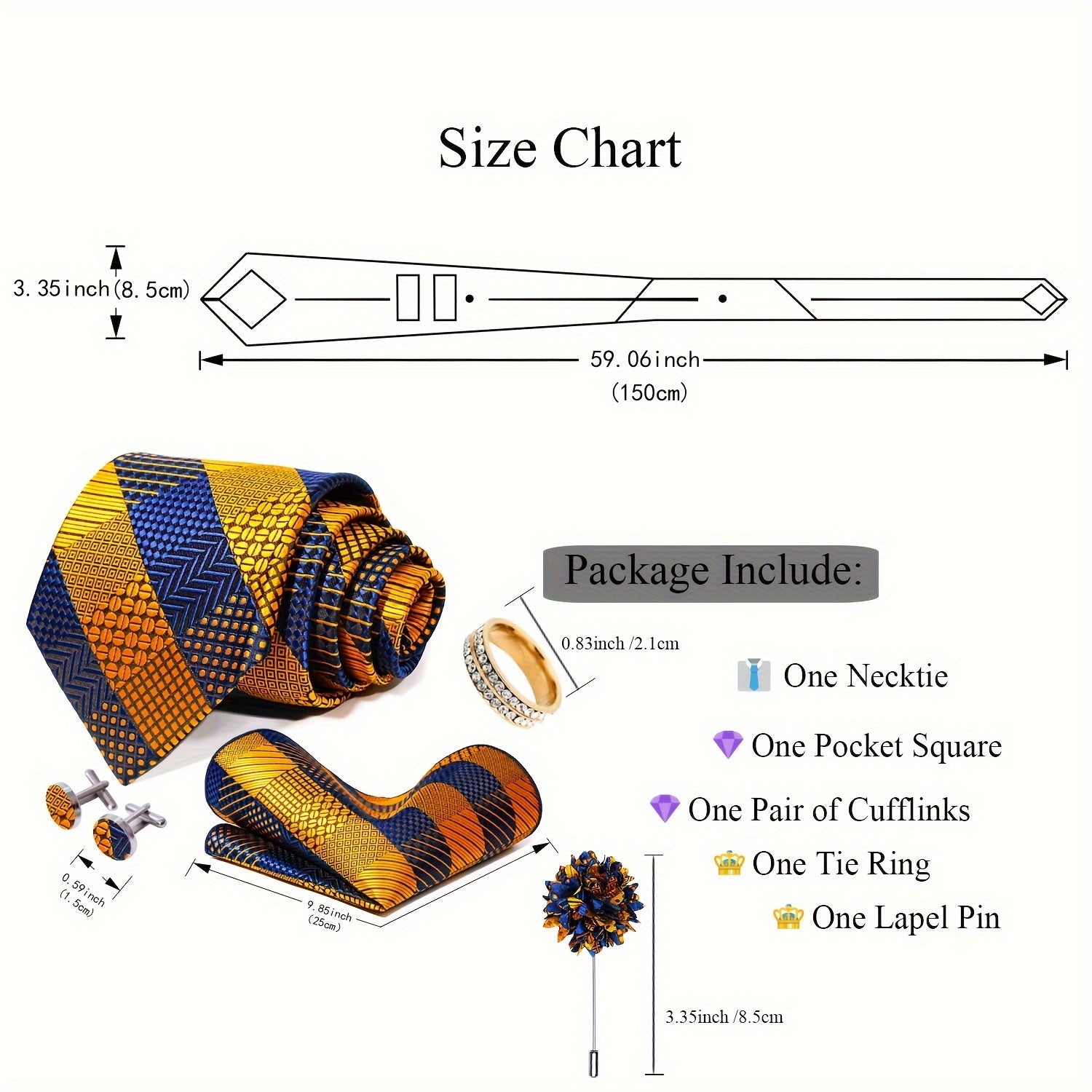 Men's Accessories Set Tie Pocket Square Cufflinks Lapel Pin Tie Ring for Wedding Groom