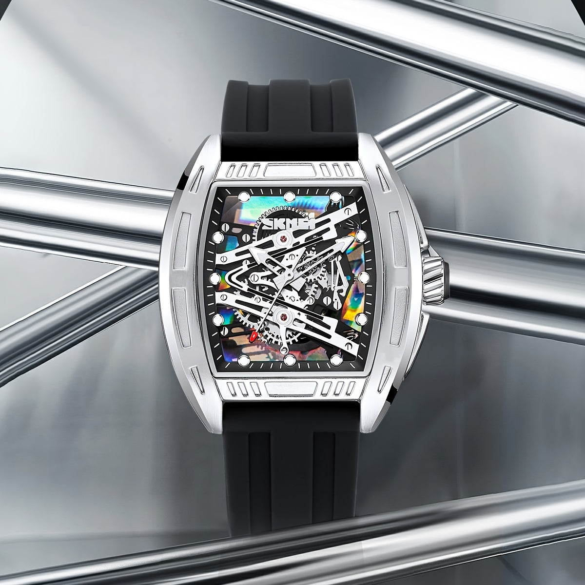 Reloj de cuarzo para hombre con esfera hueca, caja en forma de barril, resistente al agua, correa de silicona y luz nocturna