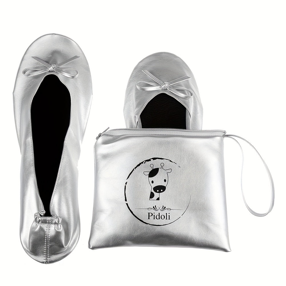 Women's Ballet Flats Foldable Travel Shoes with Removable Pouch Black