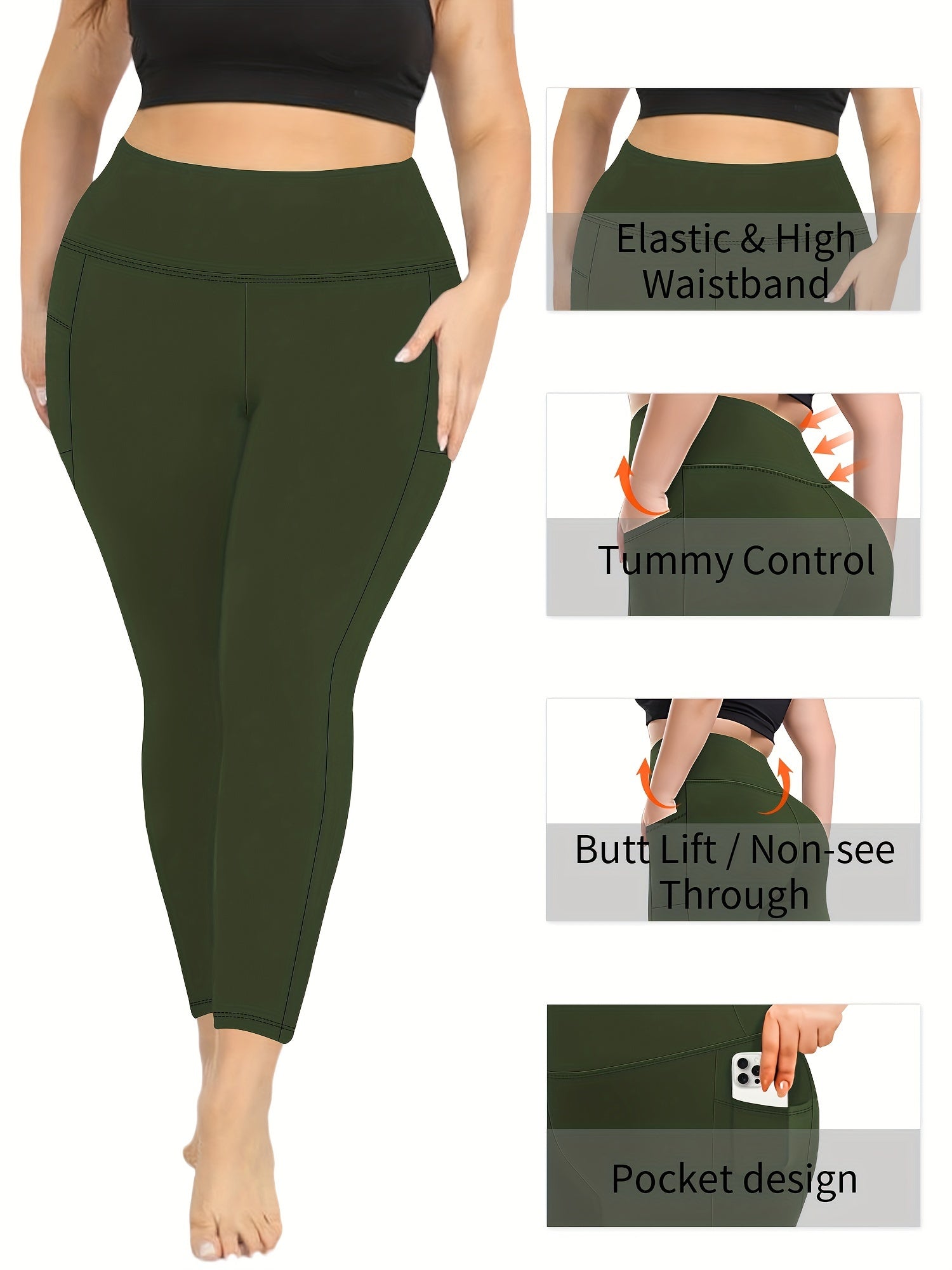 Women High-Waist Yoga Leggings with Pockets Black Slim Fit Tummy Control