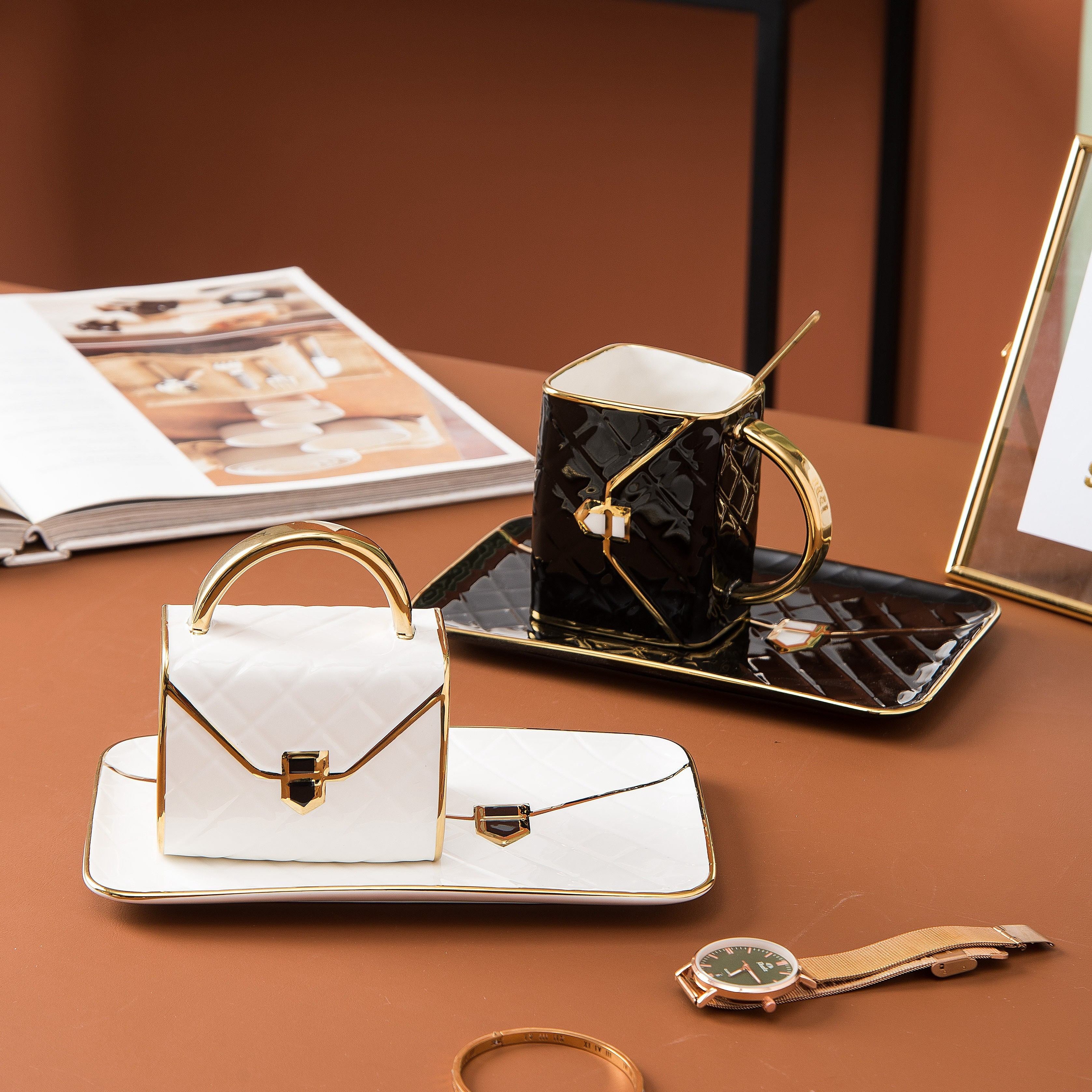 Pink and White Teacup Set with Gold Handles Quilted Design for Afternoon Tea