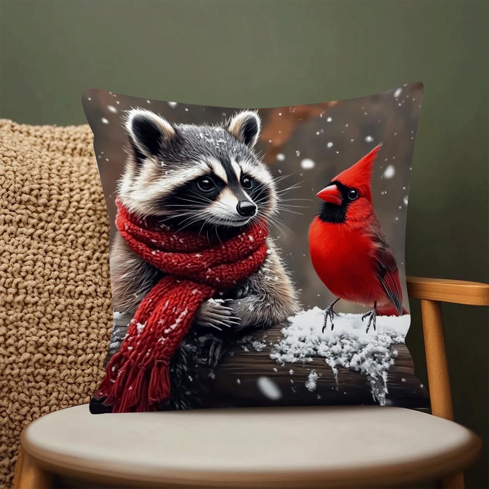 Decorative Raccoon and Cardinal Throw Pillow Cover Polyester Cartoon Style Machine Washable