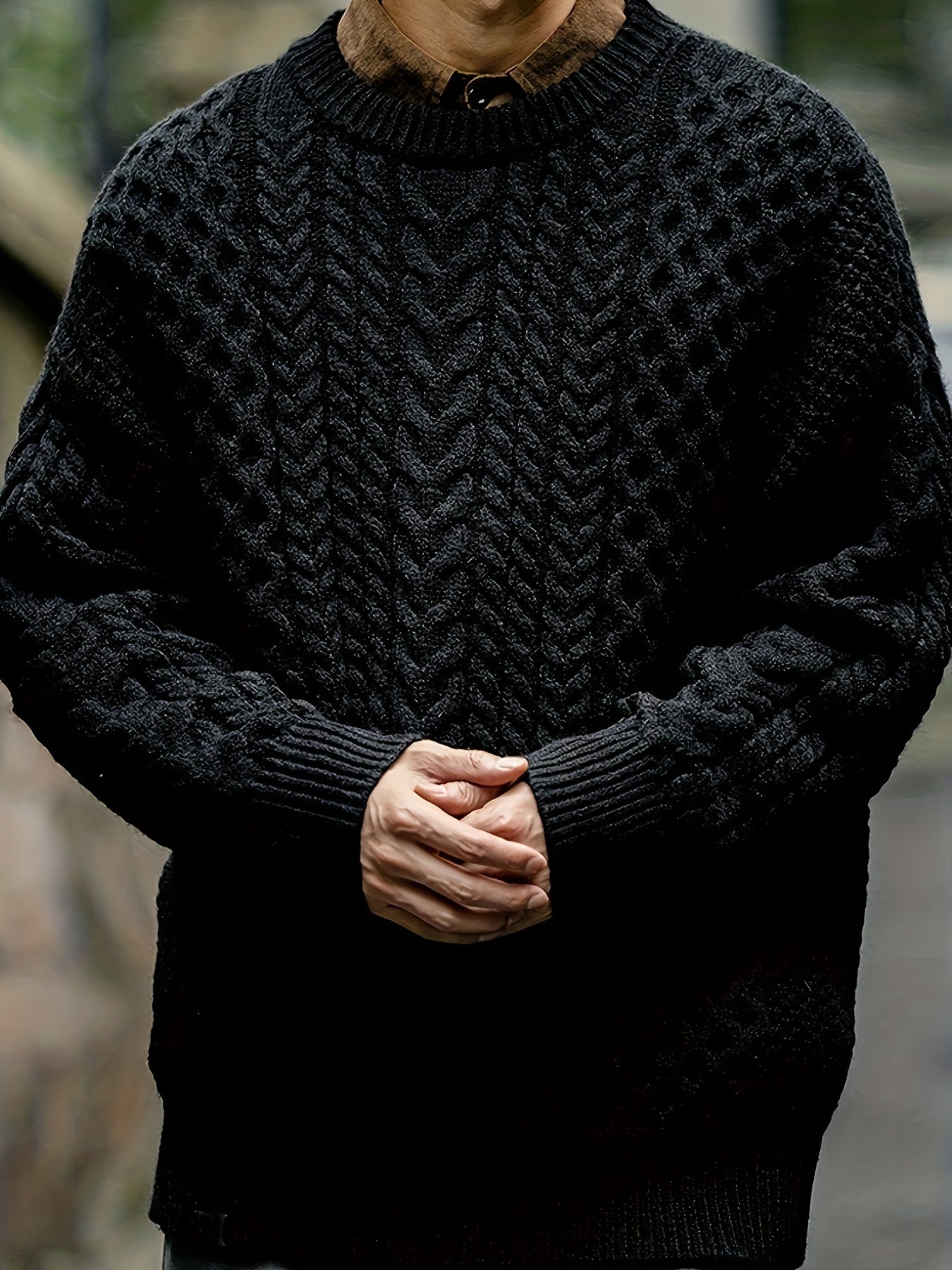 Мужской свитер с кабельным узором большого размера, осень-зима, круглый вырез, акрил, повседневный