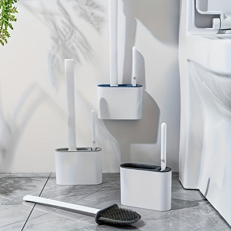 Wall-Mounted Toilet Brush Holder Set with Silicone Brush Heads and Long Handle