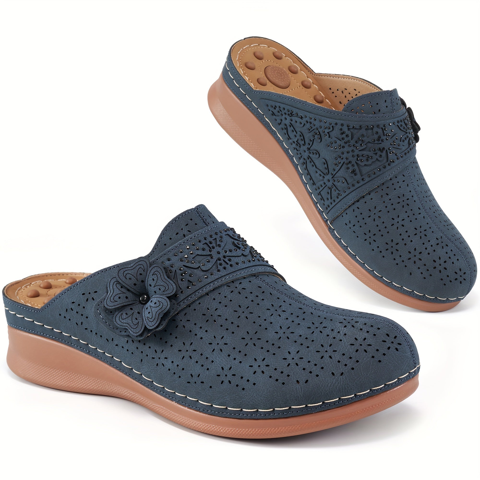 Women's Breathable Faux Leather Slip-On Mules with Floral Bow Beige Casual Shoes