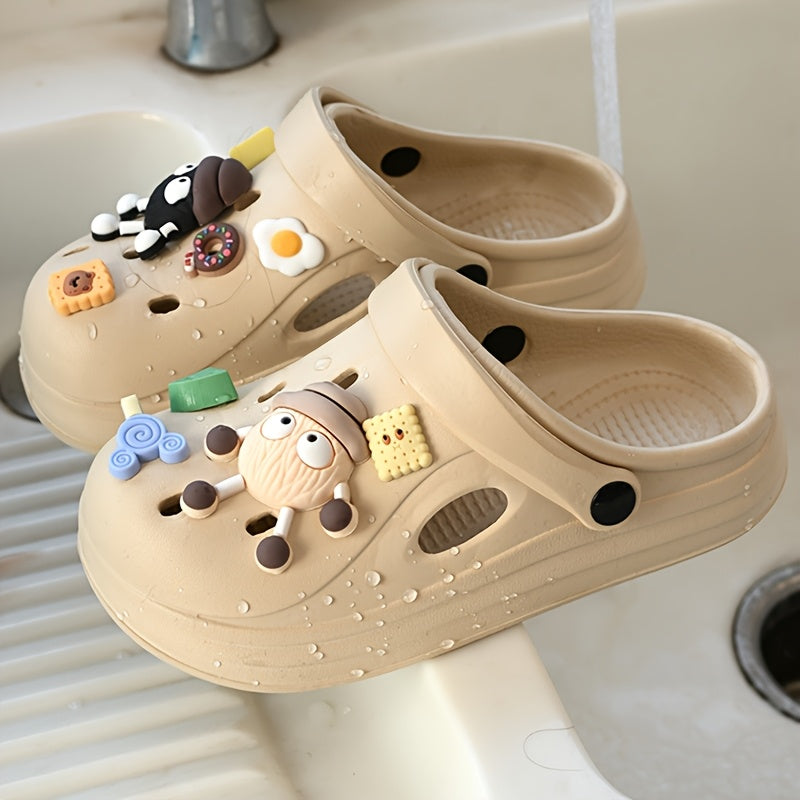 Chanclas beige de EVA con charms de comida y dibujos animados, slip-on, sandalias cómodas para todas las estaciones