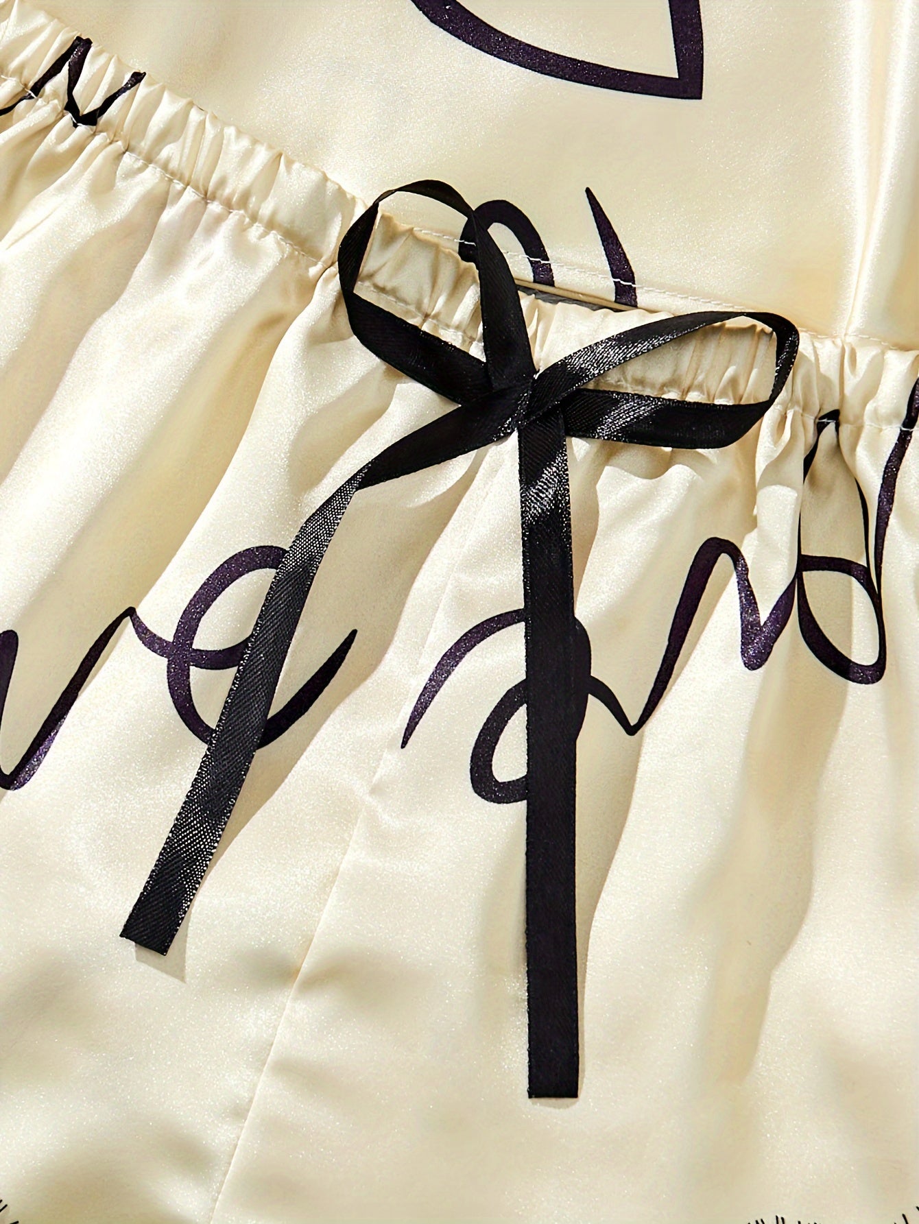 Women's Lace Letter Print Pajama Set with Spaghetti Strap Top and Bow-Decorated Shorts