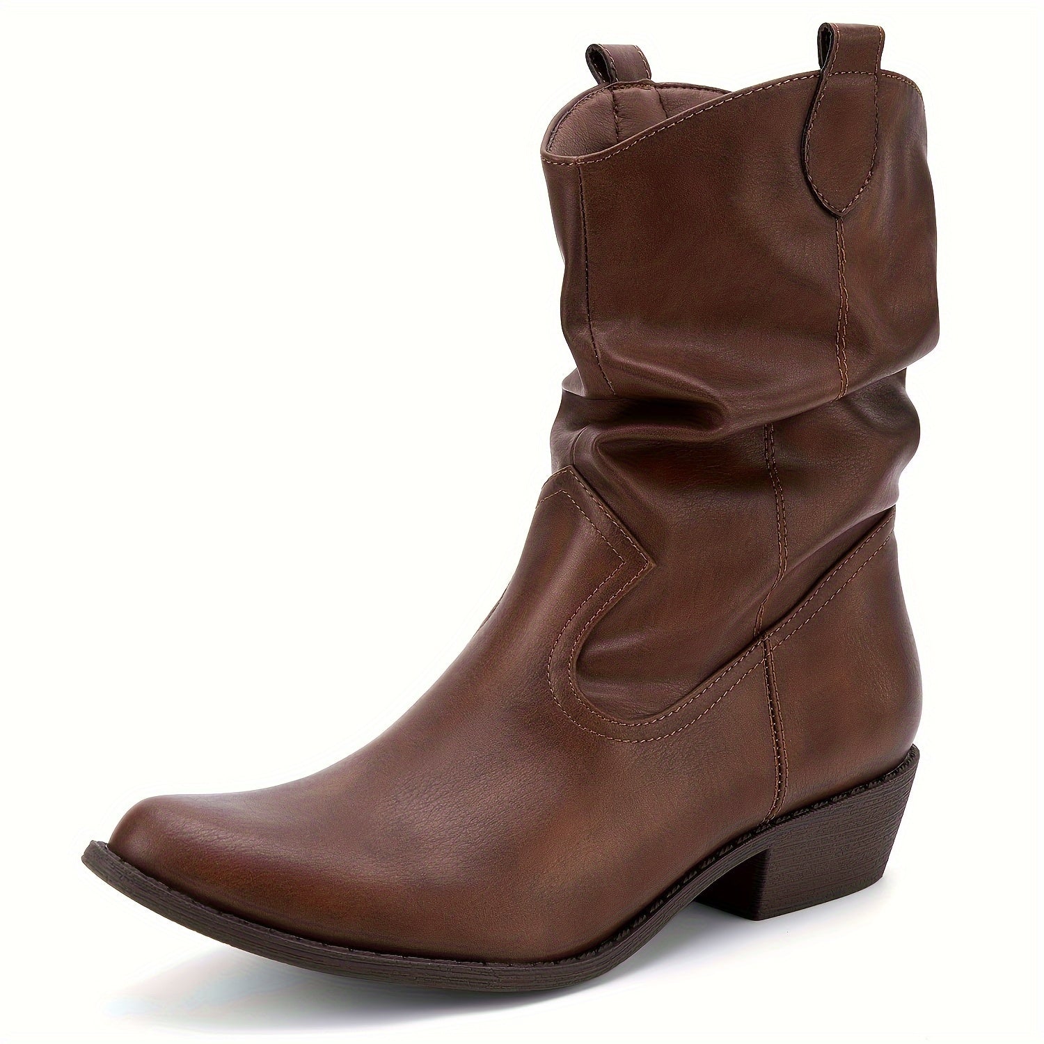 Women's Leather Western Cowboy Boots Pointed Toe Low Heel Side Zipper