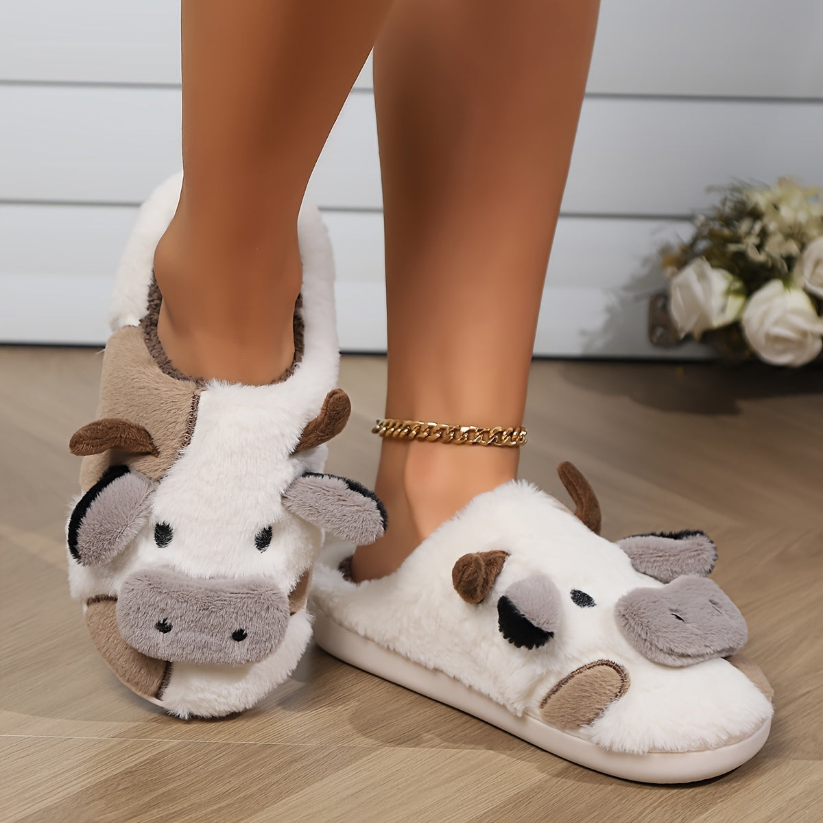 Unisex Plush Cow Pattern Slippers Comfortable Indoor Outdoor Warm