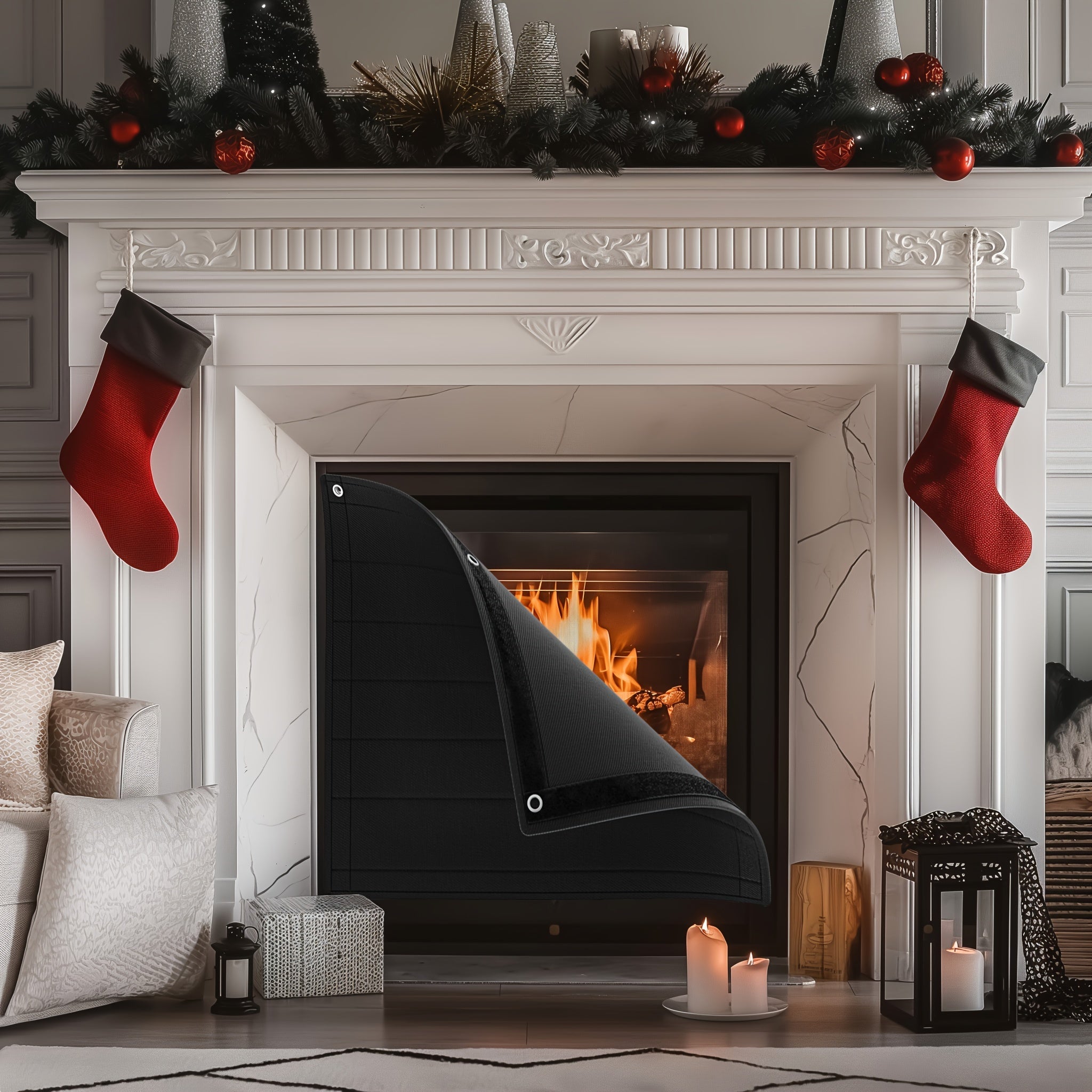 Black Fireplace Cover Indoor Use Flame Retardant Oxford Fabric Heat Loss Prevention