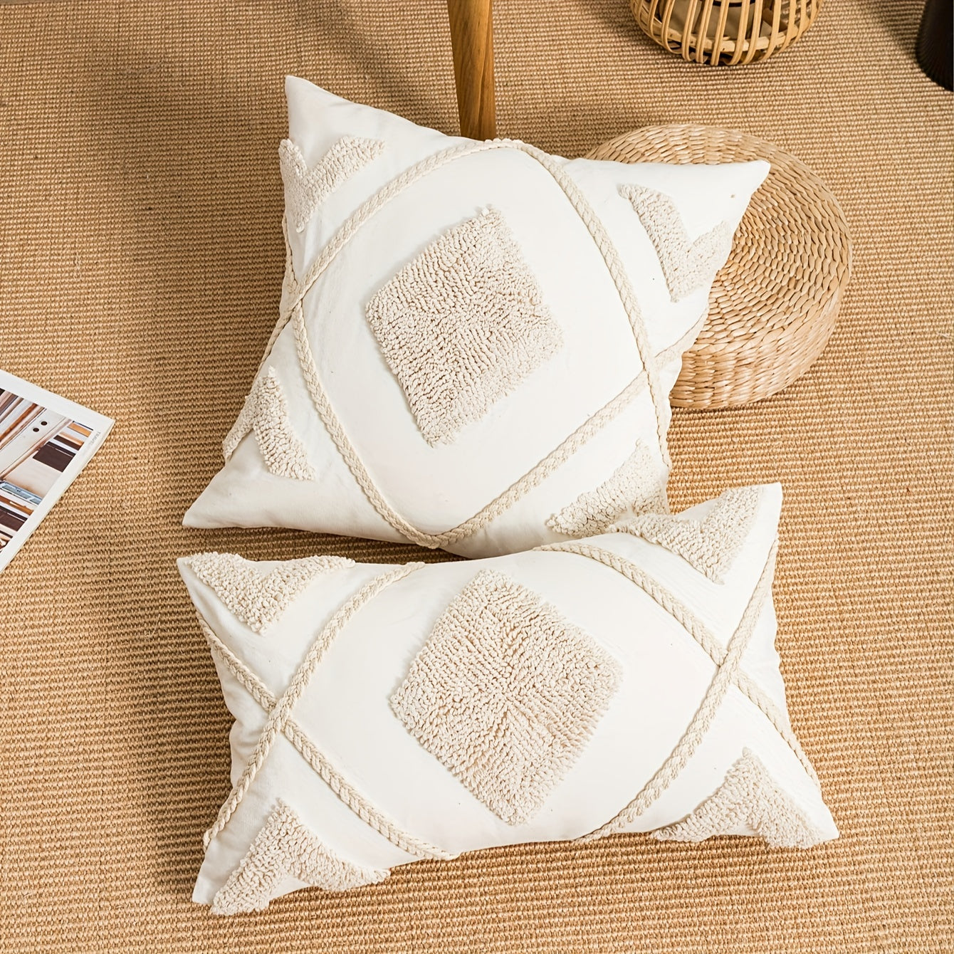 Bohemian Geometric Pillow Cover with Hemp Rope and Velvet Embroidery Beige Square Decor for Bedroom Living Room Sofa