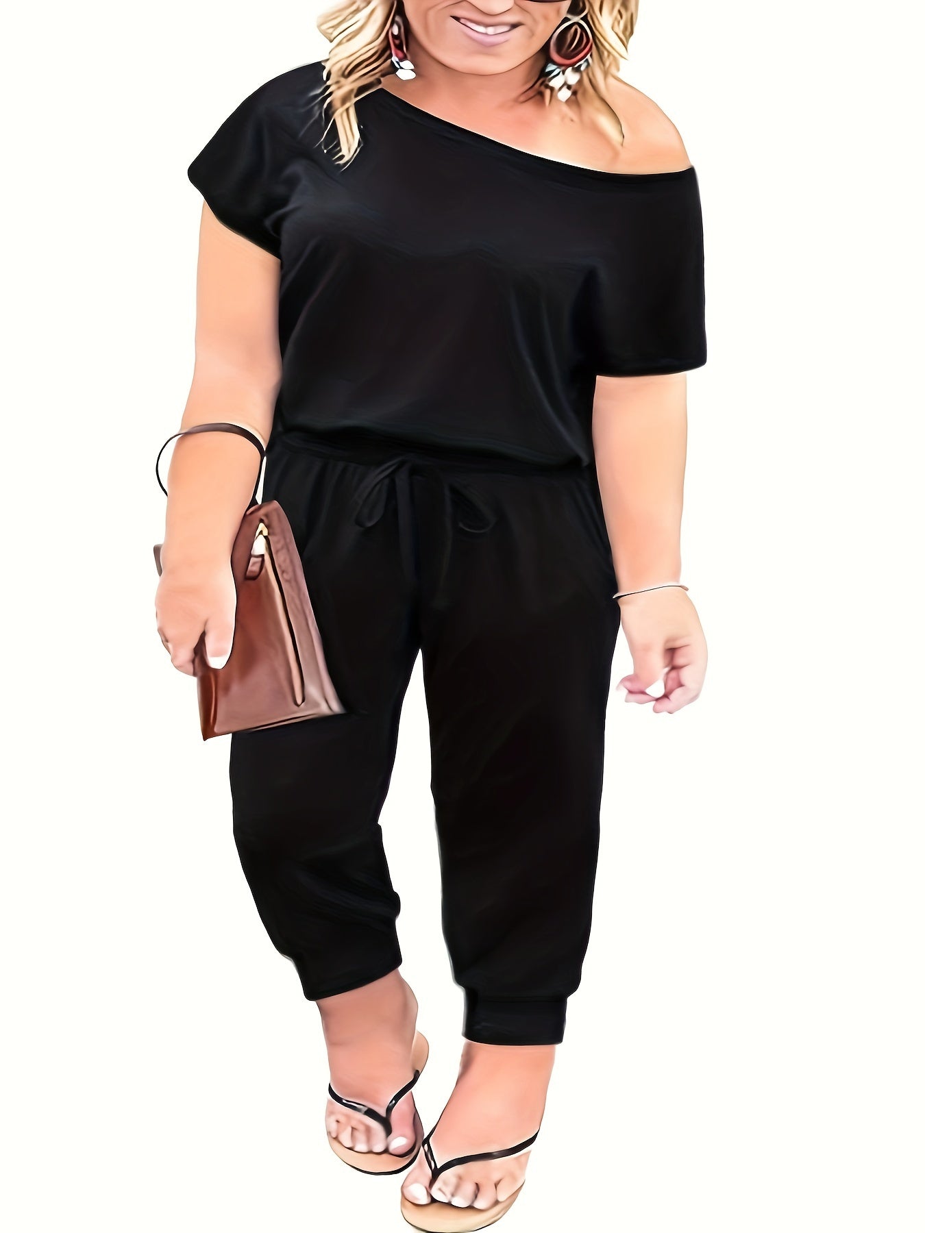 Plus-Size Women’s Black Off-Shoulder Jumpsuit With Wide-Leg Pants