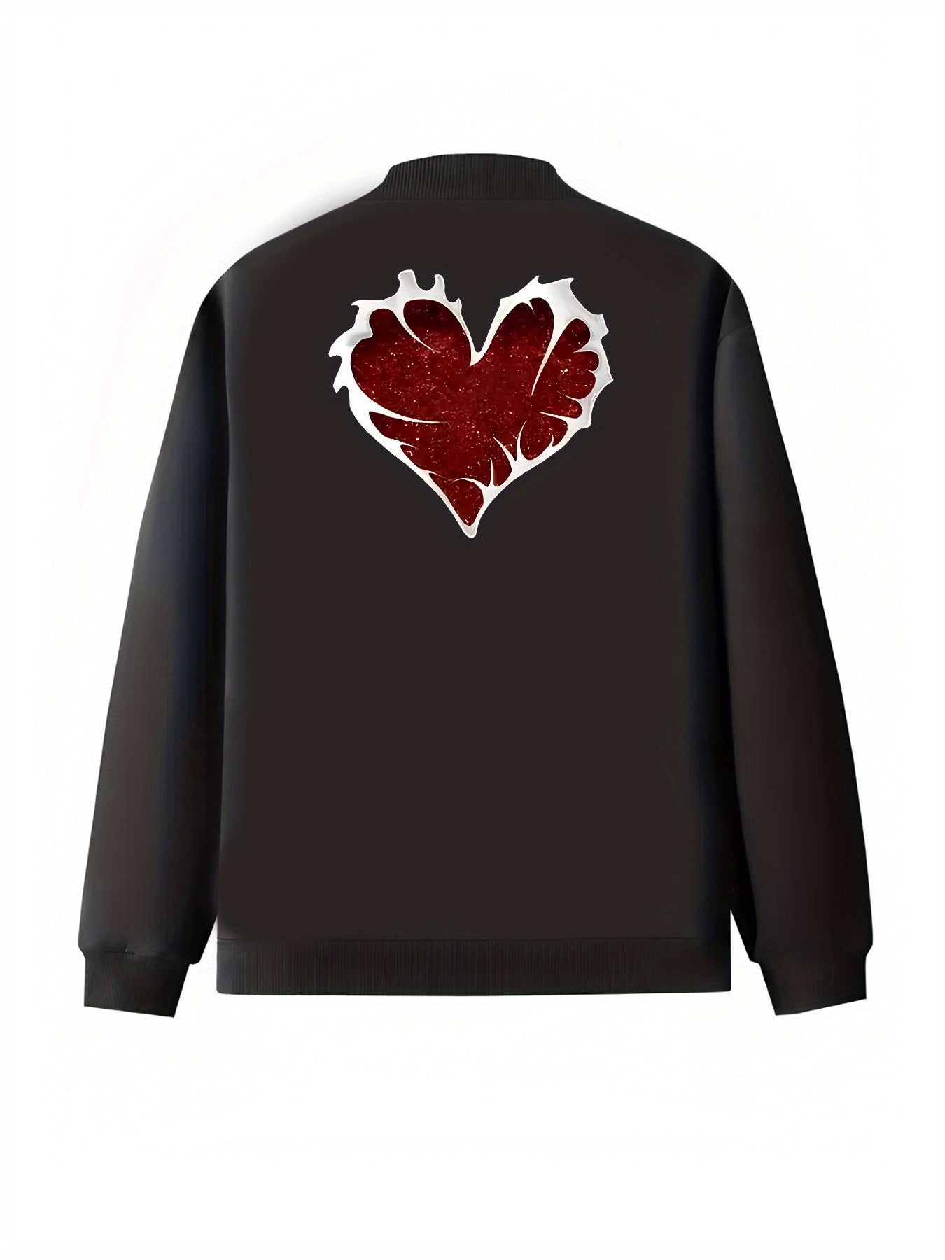 Plus Size Women's Casual Baseball Collar Jacket with Glitter Heart Black Red