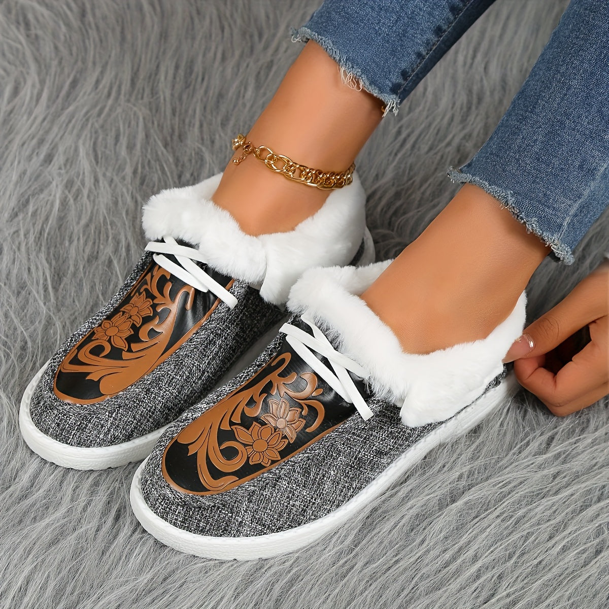 Ayollar uchun qorli botlar, mo'ynali ichki qismi, EVA taglik, sirpanishga qarshi, kulrang, qishki poyabzal