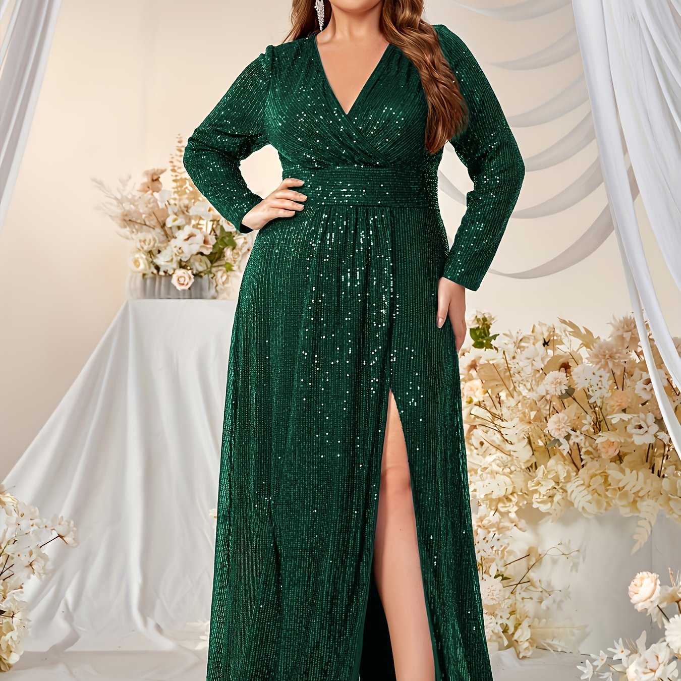 Plus Size Black Sequin V-Neck Evening Gown Long Sleeve Formal Dress