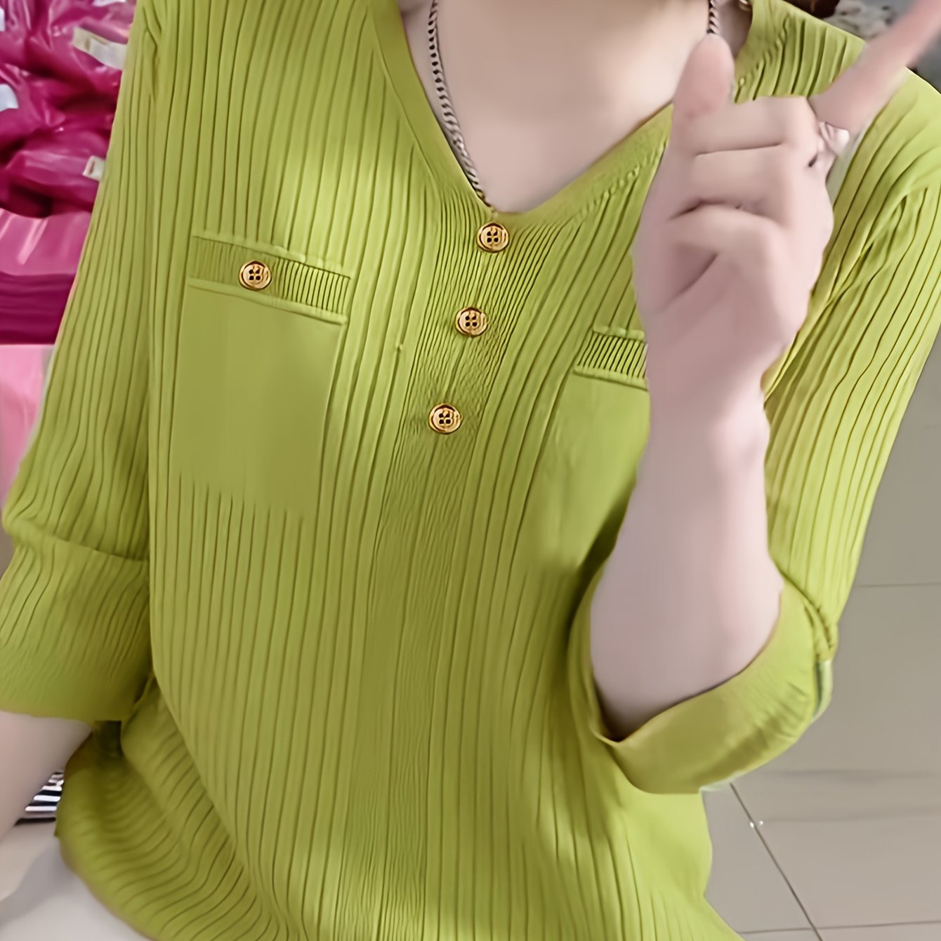 Knitted Top Women Short Sleeve V-Neck Loose Fit Solid Color Casual