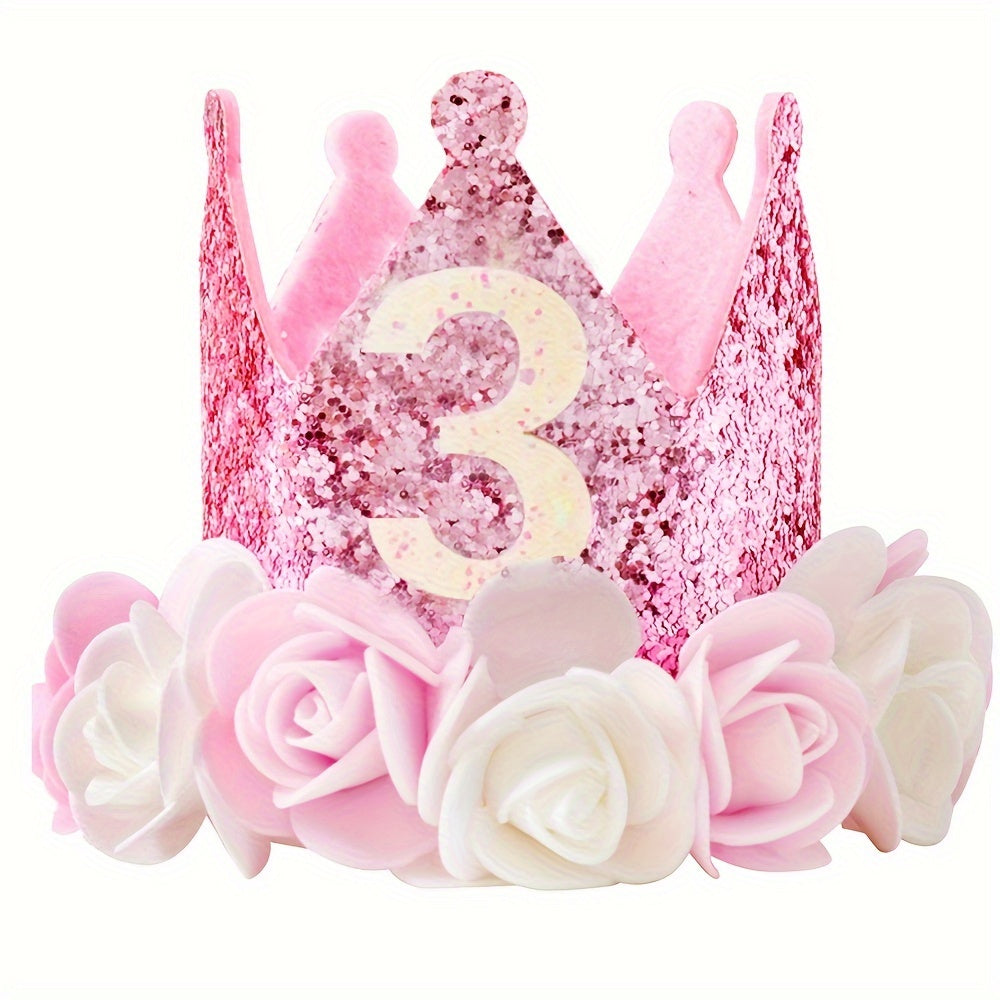 Pink and White Flowered Birthday Crown Hat for Ages 1-5 with Pink Sequins