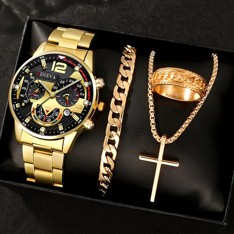 Men's Business Casual Gift Set with Quartz Watch Cross Necklace Bracelet and Ring