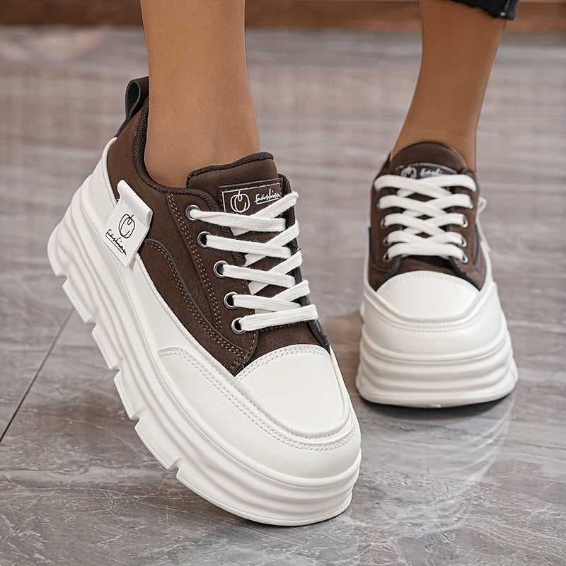 Women's Casual Low-Top Sneakers Thick Rubber Sole Lace-Up White Brown Shoes