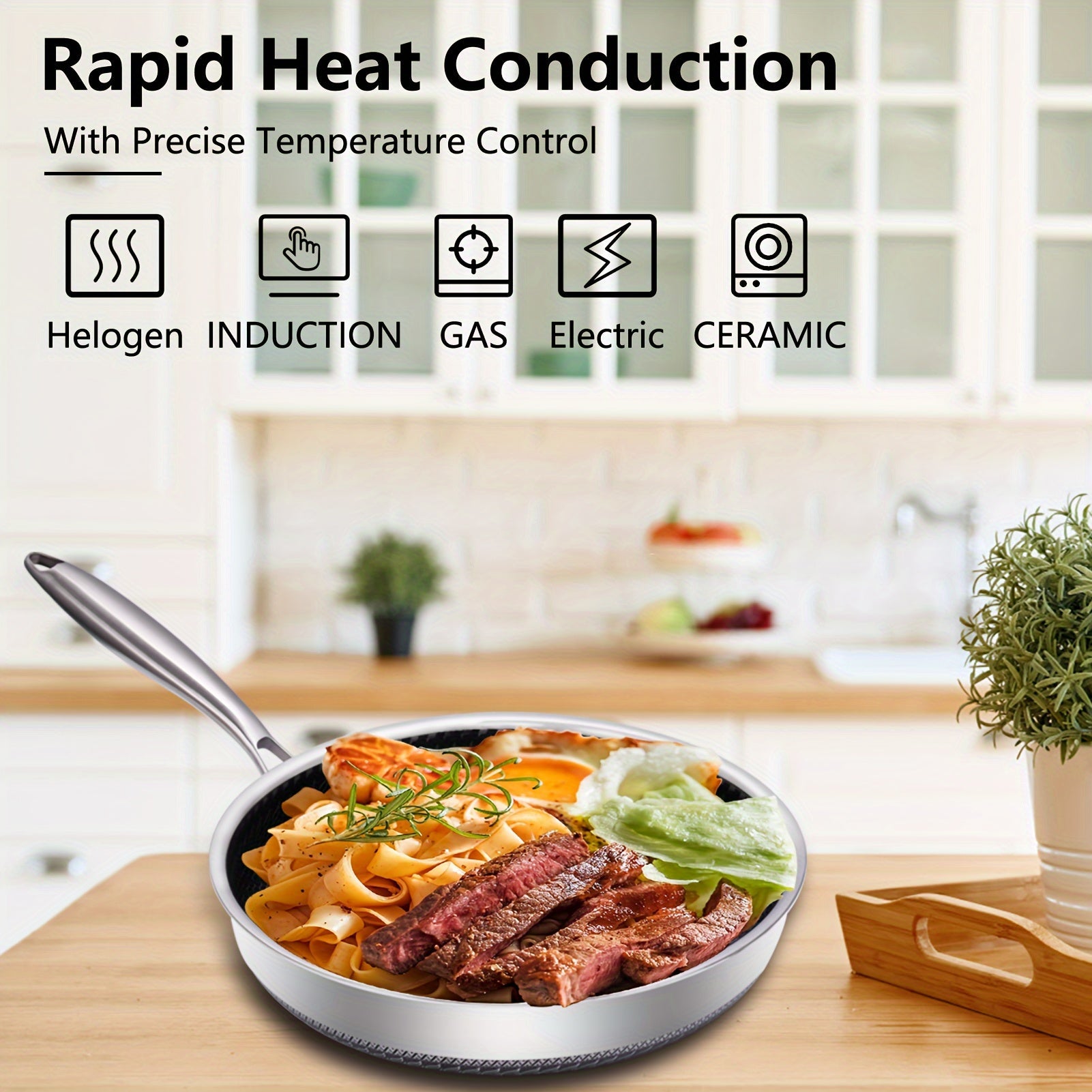 12-Inch Stainless Steel Skillet Non-Stick Scratch-Resistant Dishwasher Safe for Eggs and Steaks