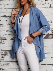Women's Oversized Denim Jacket With Open Front Long Sleeve Washed Blue