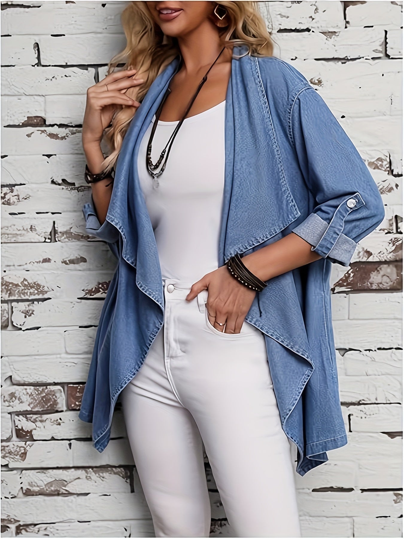 Women's Oversized Denim Jacket With Open Front Long Sleeve Washed Blue