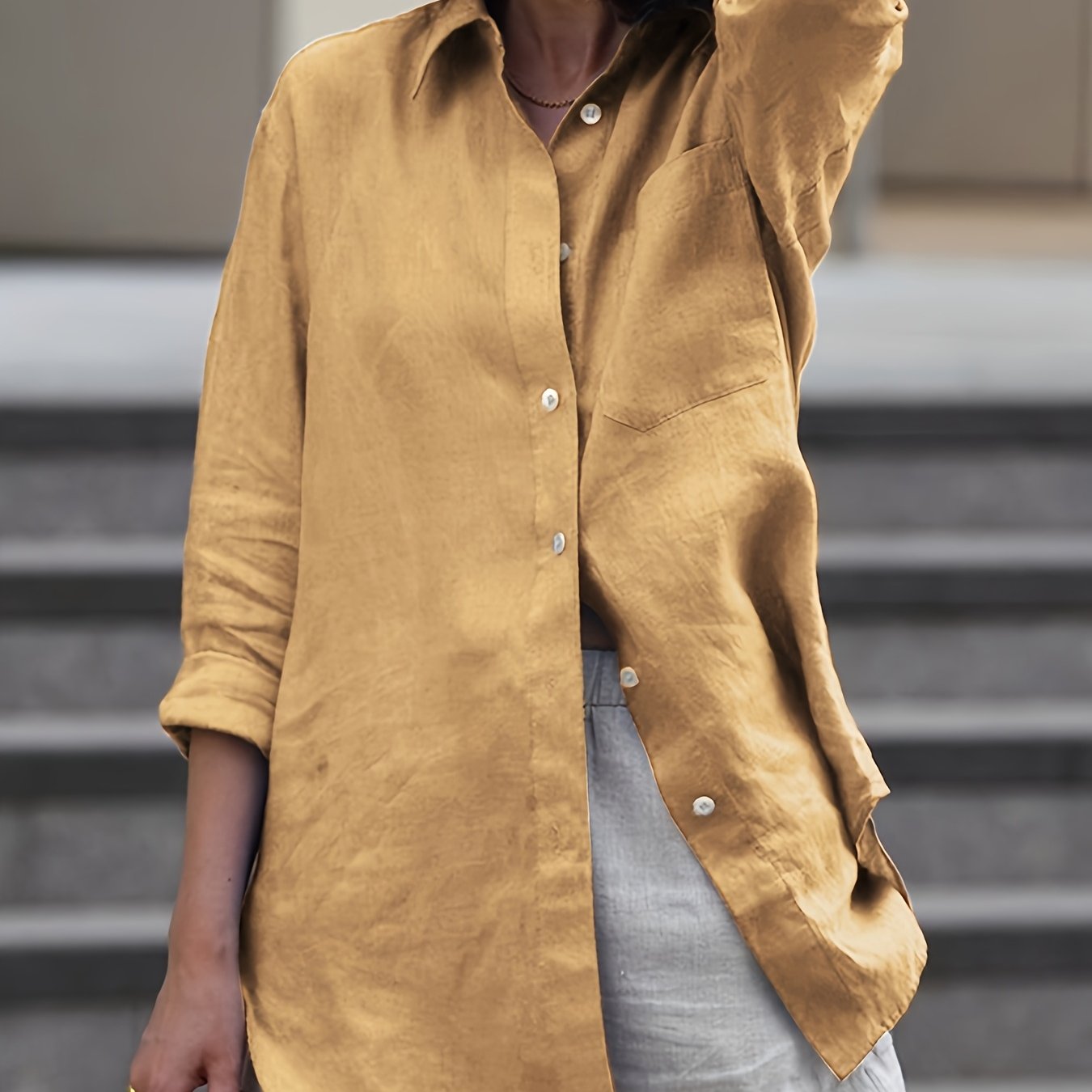 Plus Size Women Solid Color Button-Up Shirt Casual Dressy Top