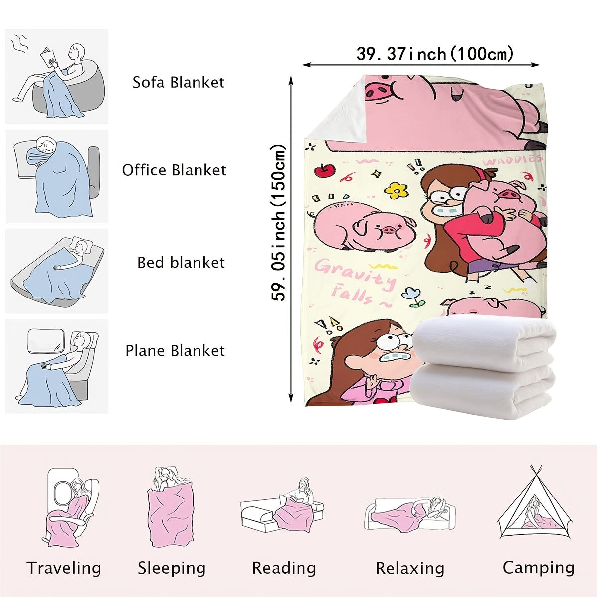Knitted Throw Blanket with Gravity Falls Pig and Girl Print for All-Season Home Decor