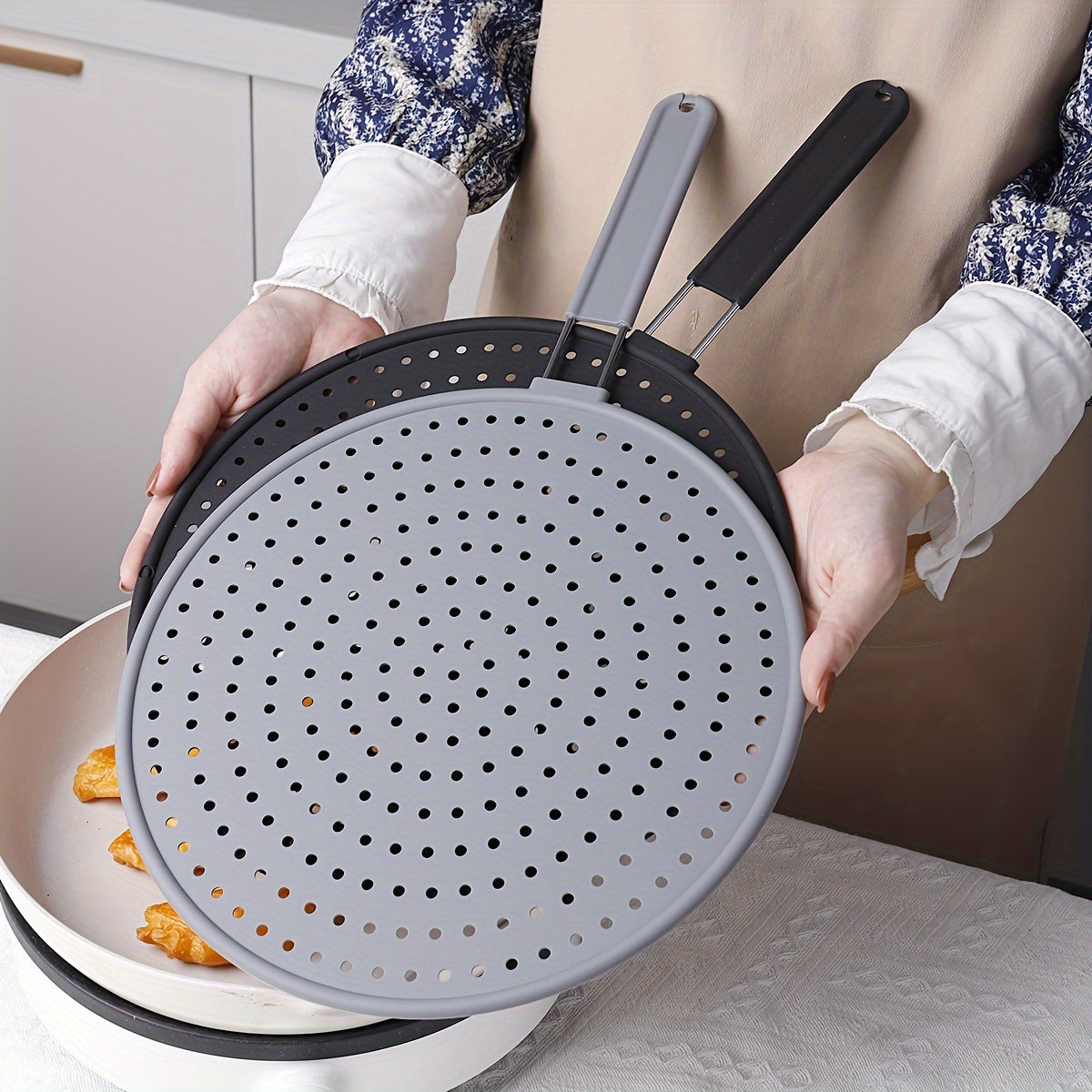 Stainless Steel Splatter Screen with Silicone Mesh for Frying Pan Kitchen Tool