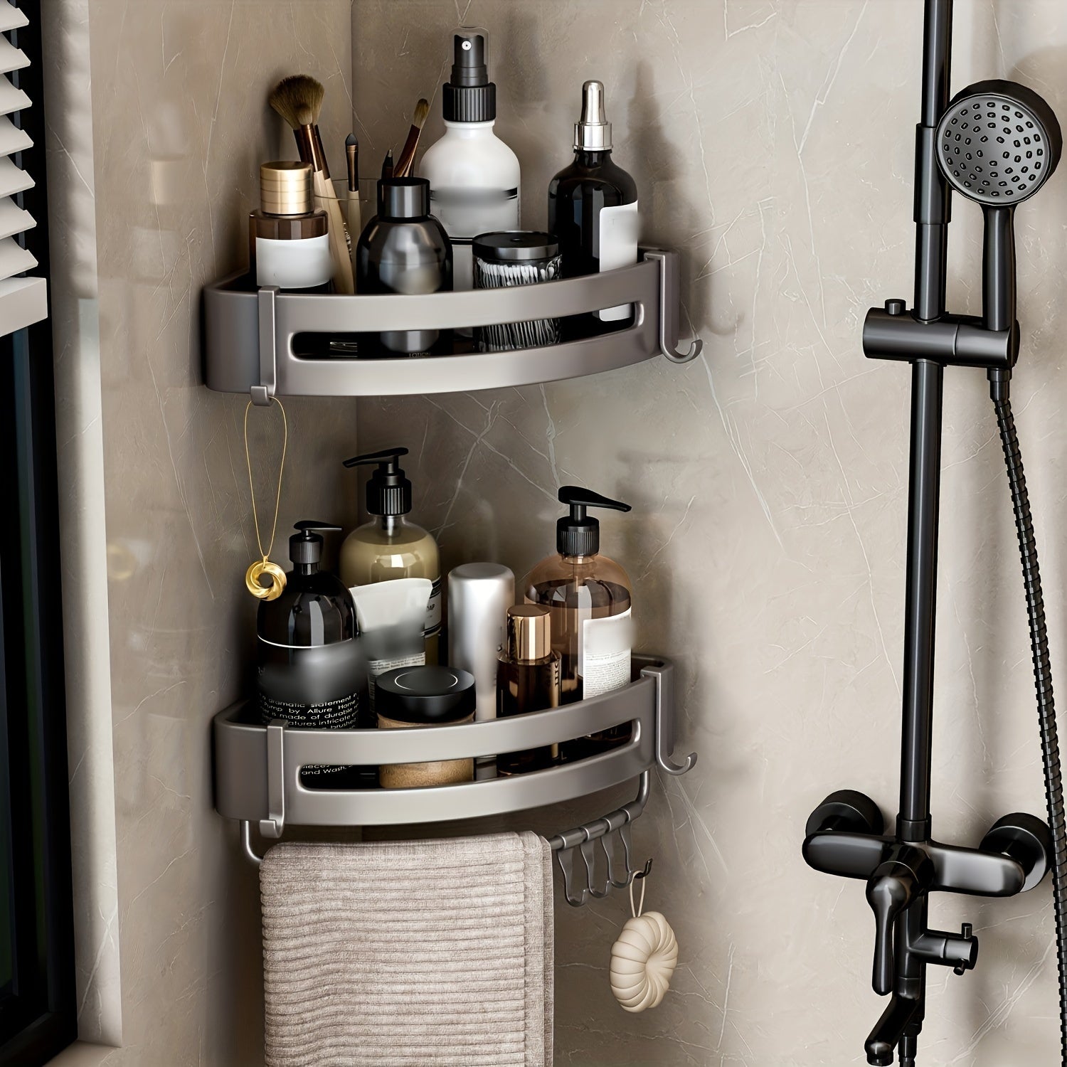 Wall-Mounted Bathroom Storage Rack Aluminum No-Drill Shower Shelf for Shampoo and Cosmetics