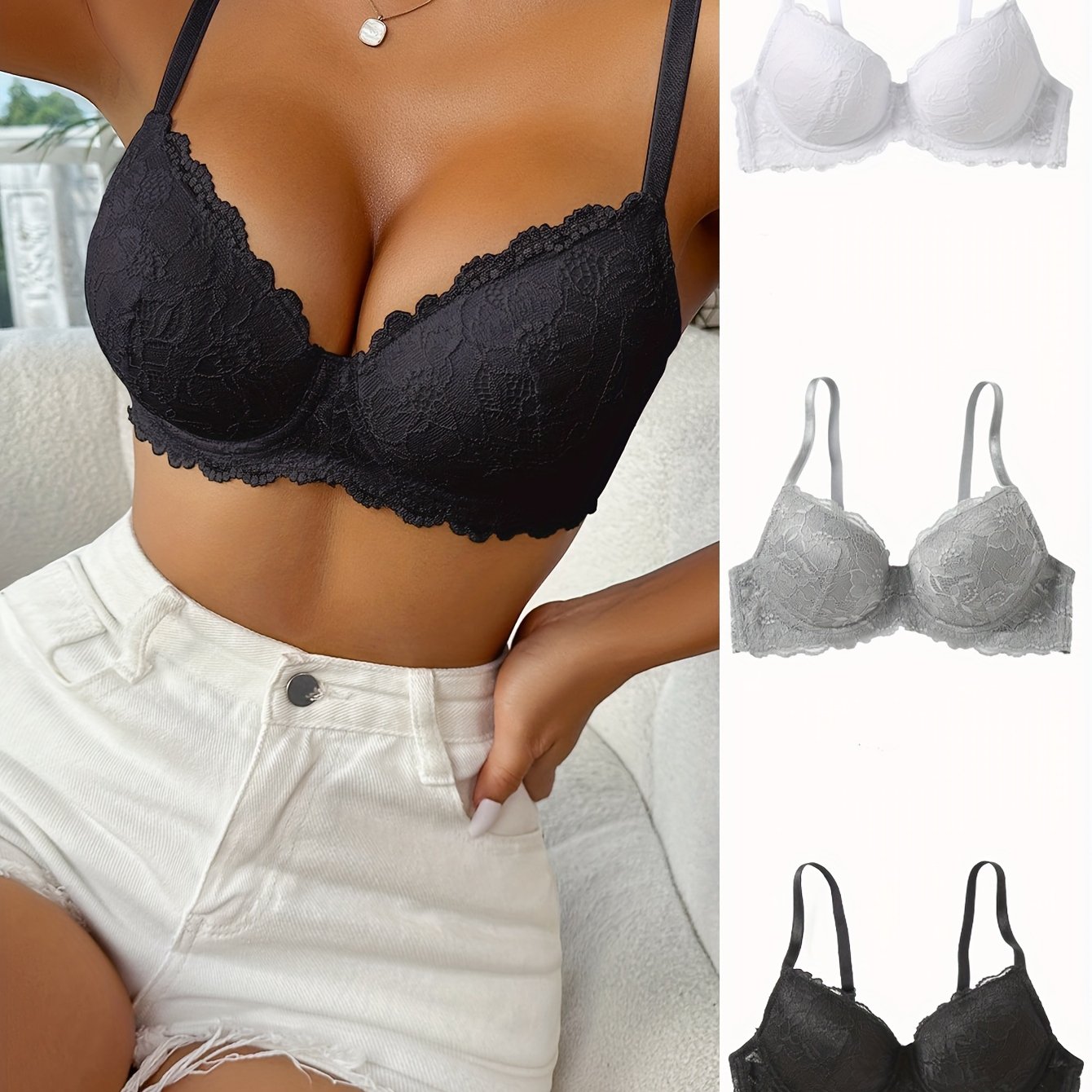 Sujetadores push-up de encaje para mujer con aros, almohadillas no removibles, negro, blanco, gris, cómodos, de poliamida