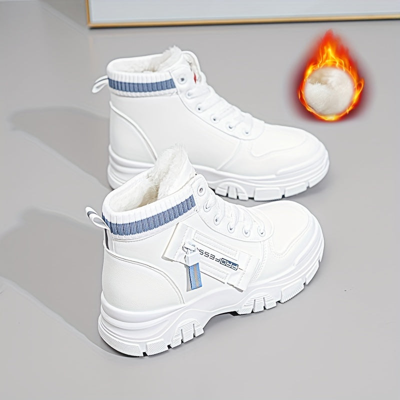 Women's Warm Winter High-Top Sneakers with Fleece Lining and Blue Straps