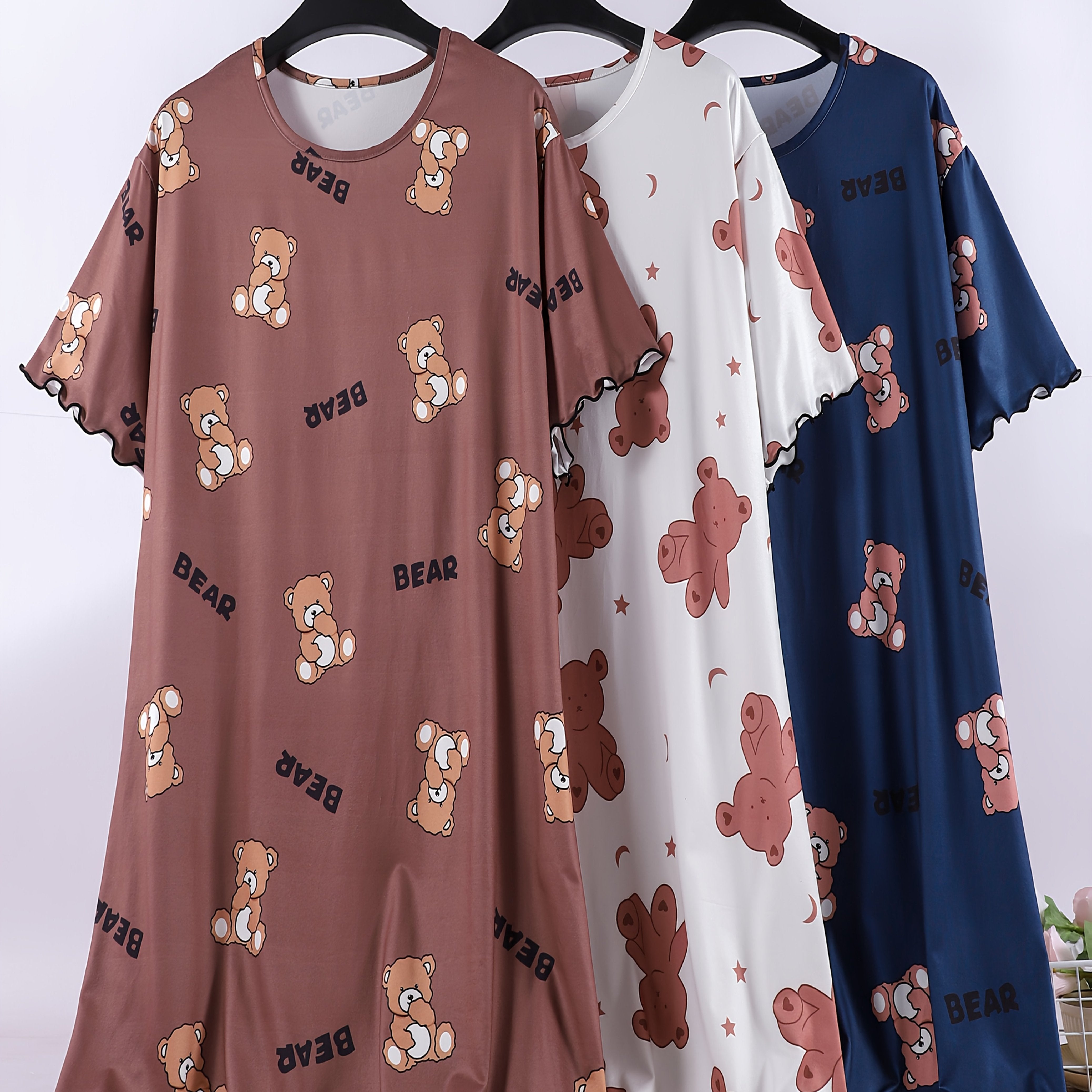 Women's Summer Nightgowns Set of 3 Cotton Short-Sleeve Sleep Dresses