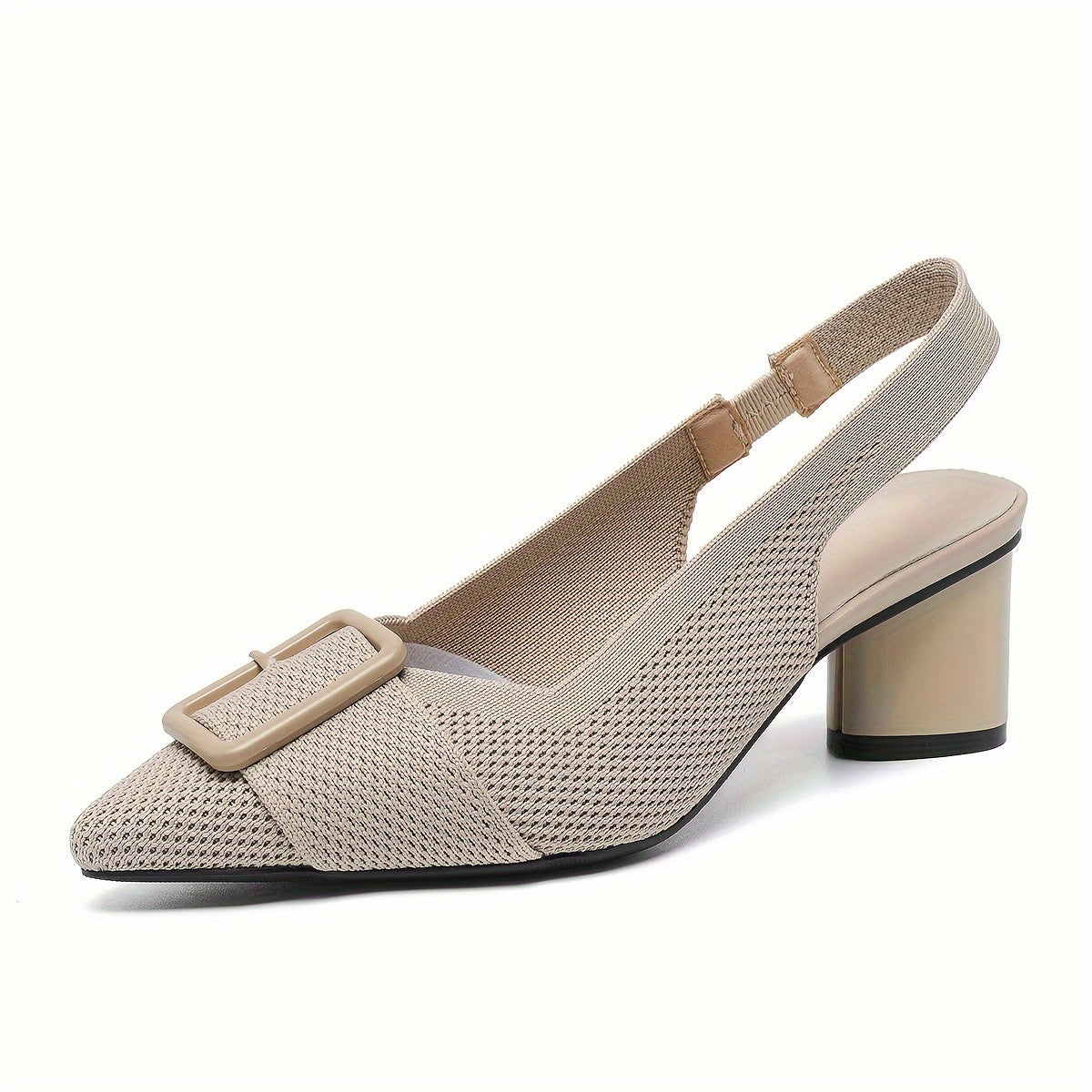 Women's Mid-Heel Pumps with Breathable Knit, Pointed Toe, Slip-On, Chunky Heel