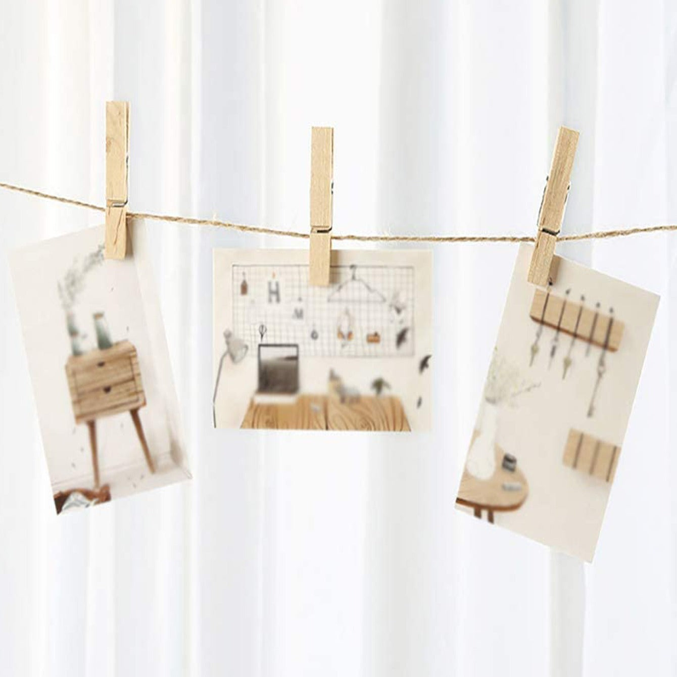 Decorative Photo Clips Set with 5m Hemp Rope for Wall Display
