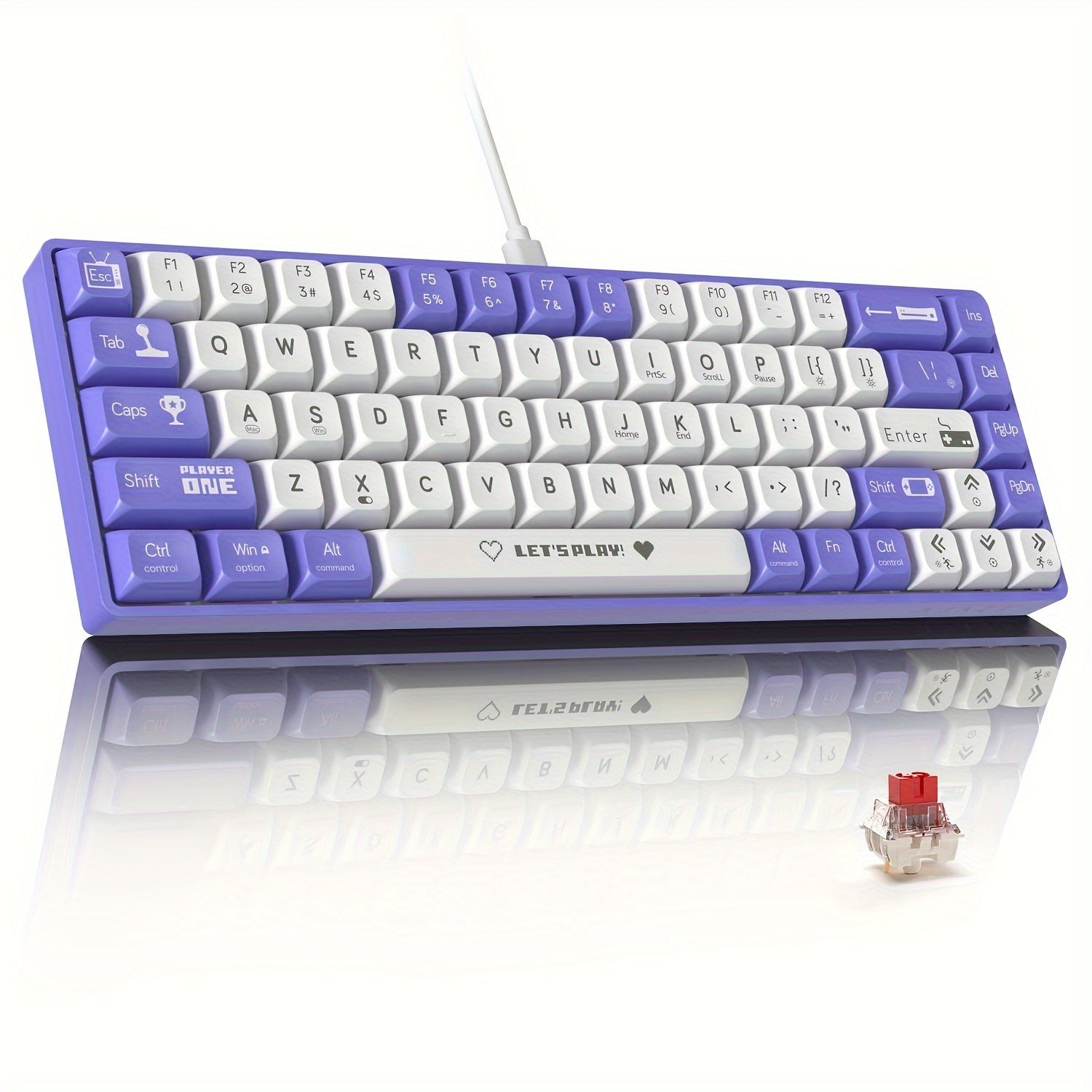 Wired Mechanical Gaming Keyboard 65% RGB Backlit Red Switches Ergonomic Purple White