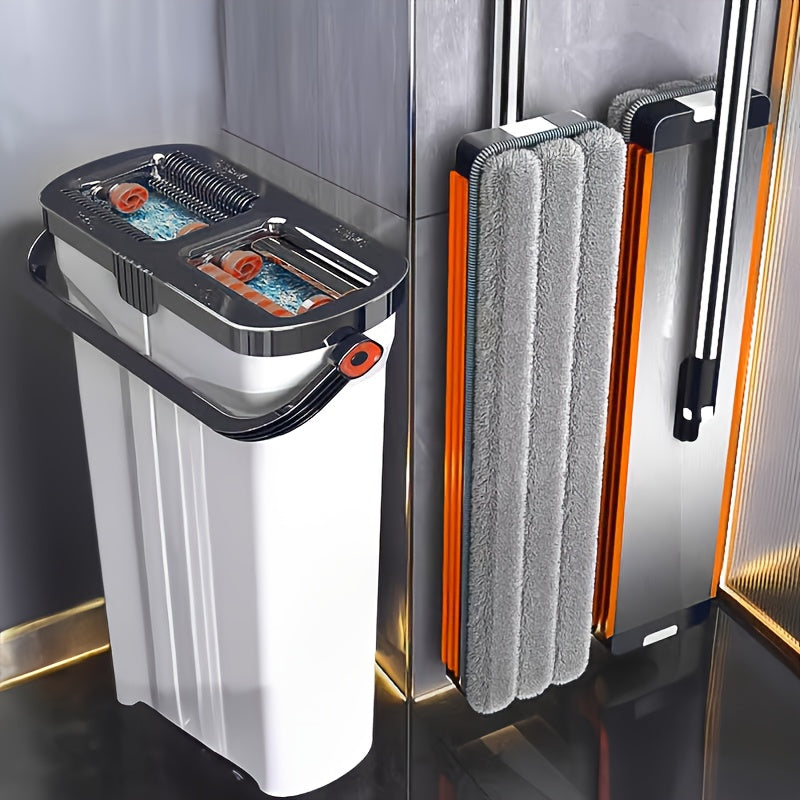 Oq tekis mopu va chelak to'plami, siqish qo'shimchasi bilan, metall material, uzun tutqich, nam/quruq devor tozalash va pol tozalash uchun ideal, 3/6 ta yuviladigan mikrofiber padlar bilan birga, yashash xonasi, yotoqxona, hammom va oshxona uchun mos.