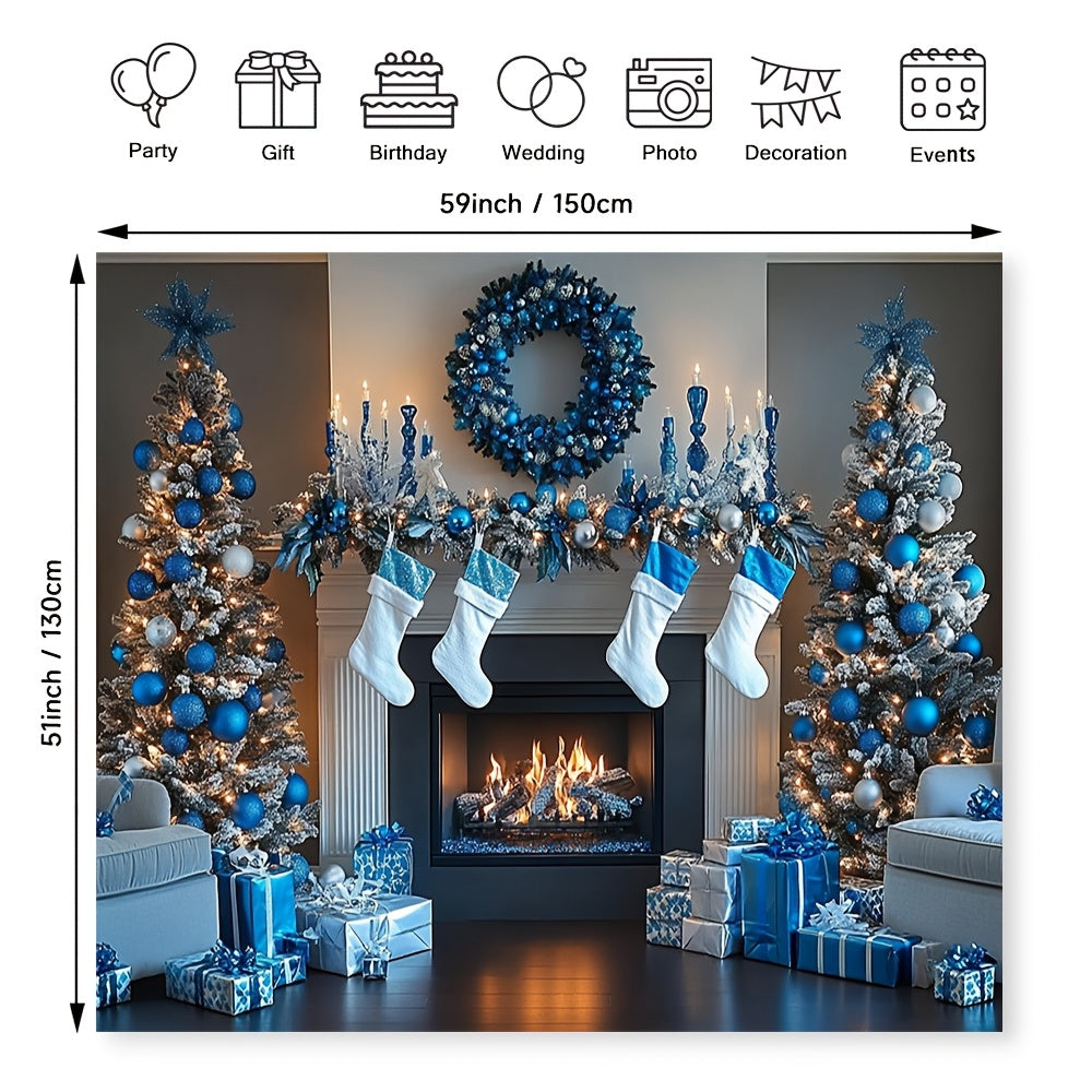 Blue and White Fireplace Backdrop Polyester Decor Multi-Season Wall Covering