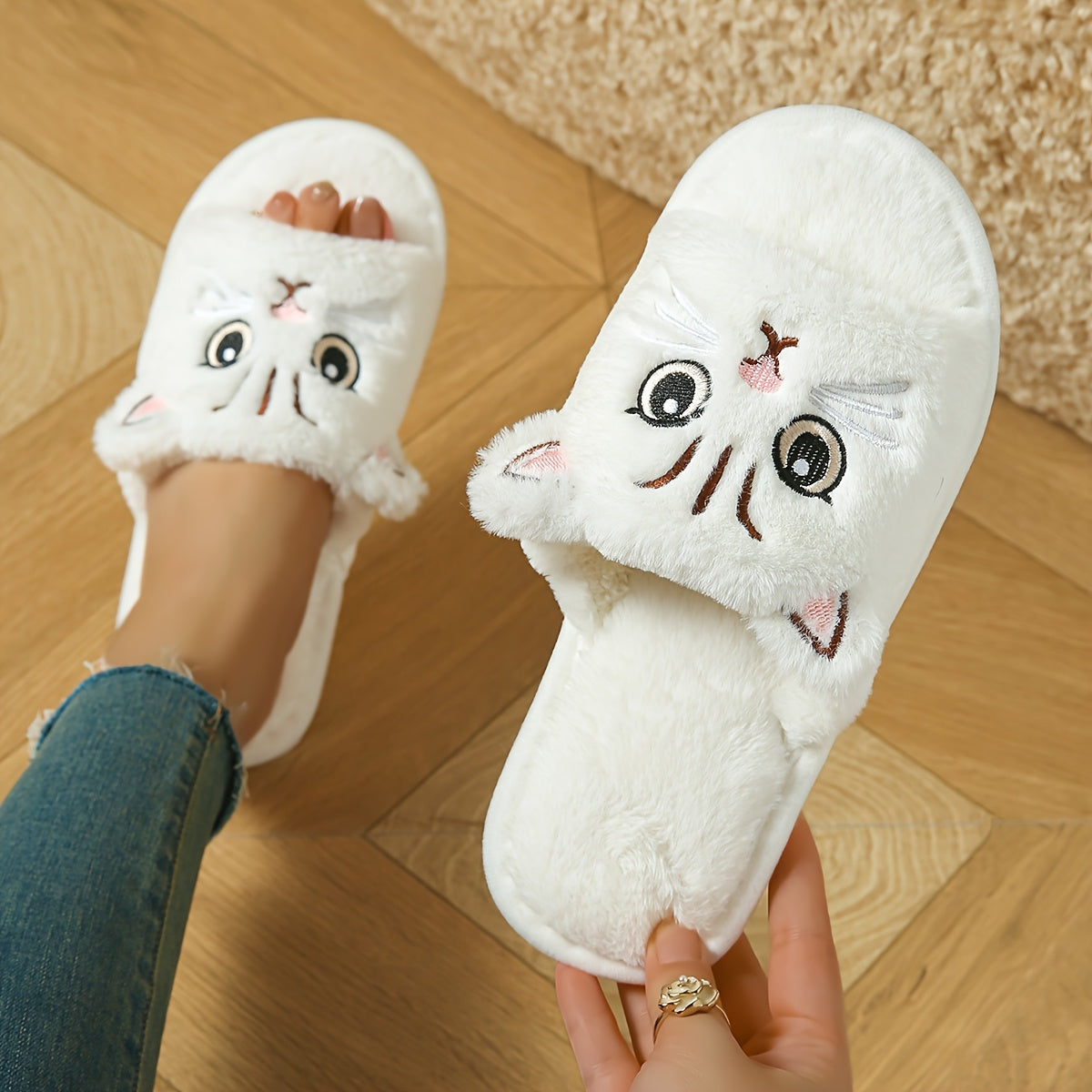 Ayollar uchun Cartoon Cat mo'rt shlyapa paxtali ichki poyabzal, yopiladigan slip-on oyoq kiyim